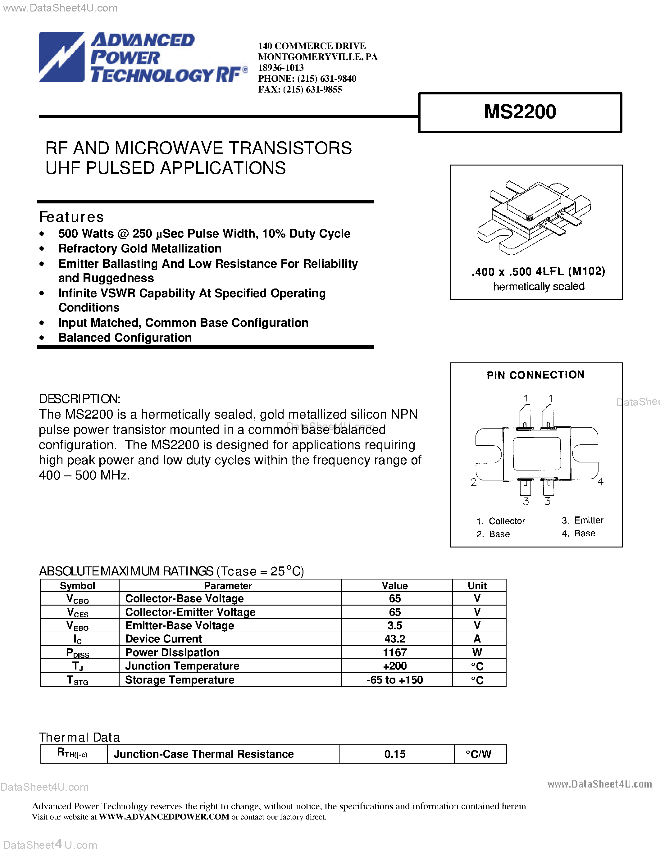 Datasheet MS2200 - RF AND MICROWAVE TRANSISTORS UHF PULSED APPLICATIONS page 1