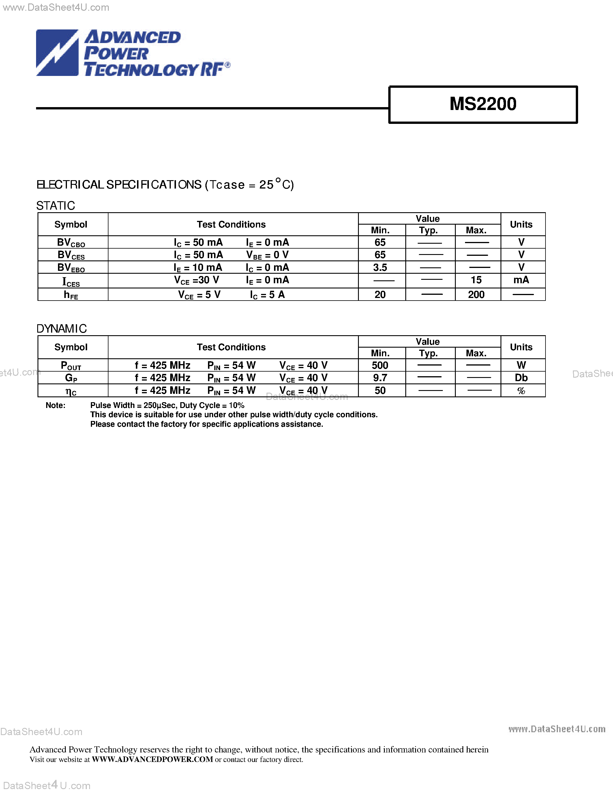 Datasheet MS2200 - RF AND MICROWAVE TRANSISTORS UHF PULSED APPLICATIONS page 2