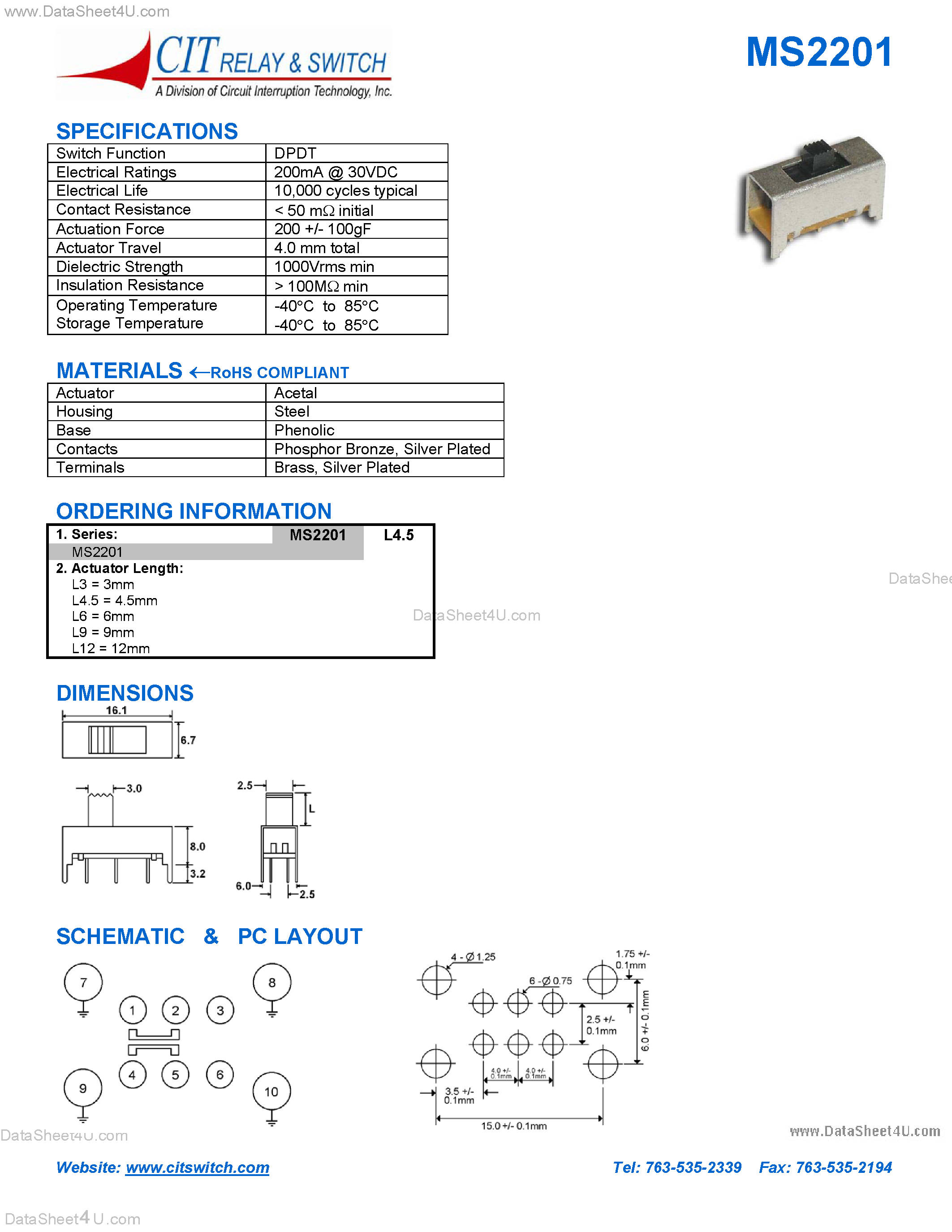 Datasheet MS2201 page 1 Datasheet MS2201 - CIT SWITCH page 1