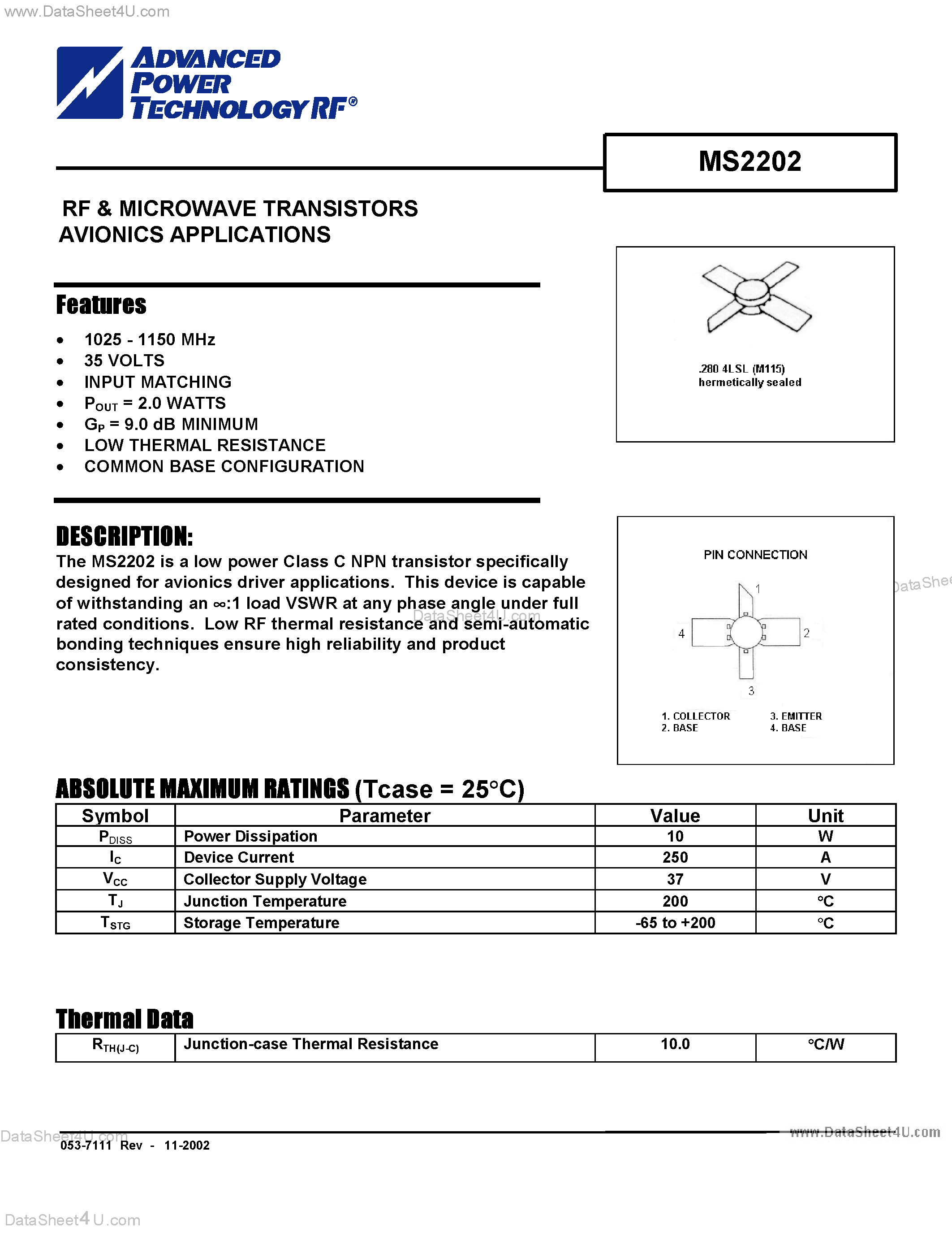 Datasheet MS2202 - RF & MICROWAVE TRANSISTORS AVIONICS APPLICATIONS page 1