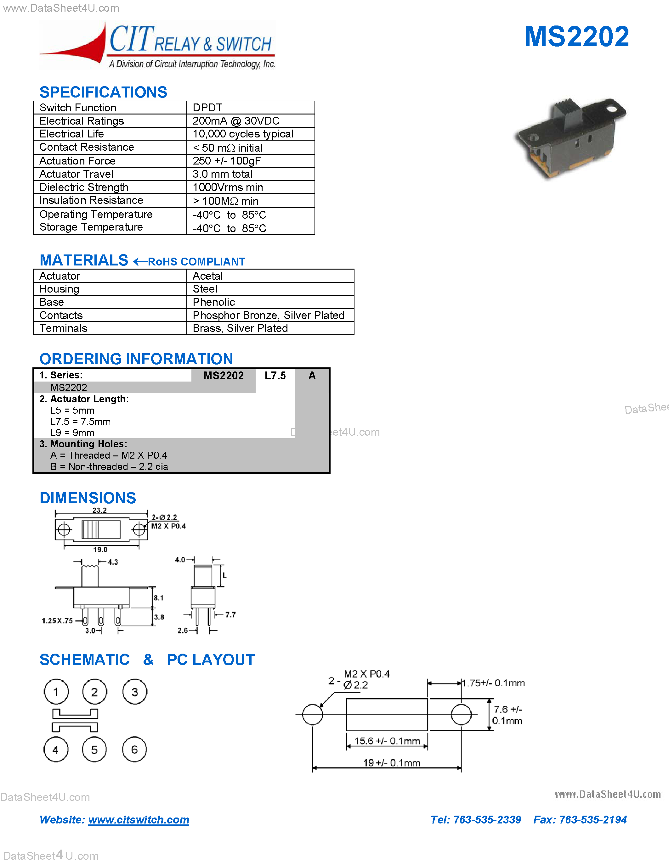 Datasheet MS2202 page 1 Datasheet MS2202 - CIT SWITCH page 1