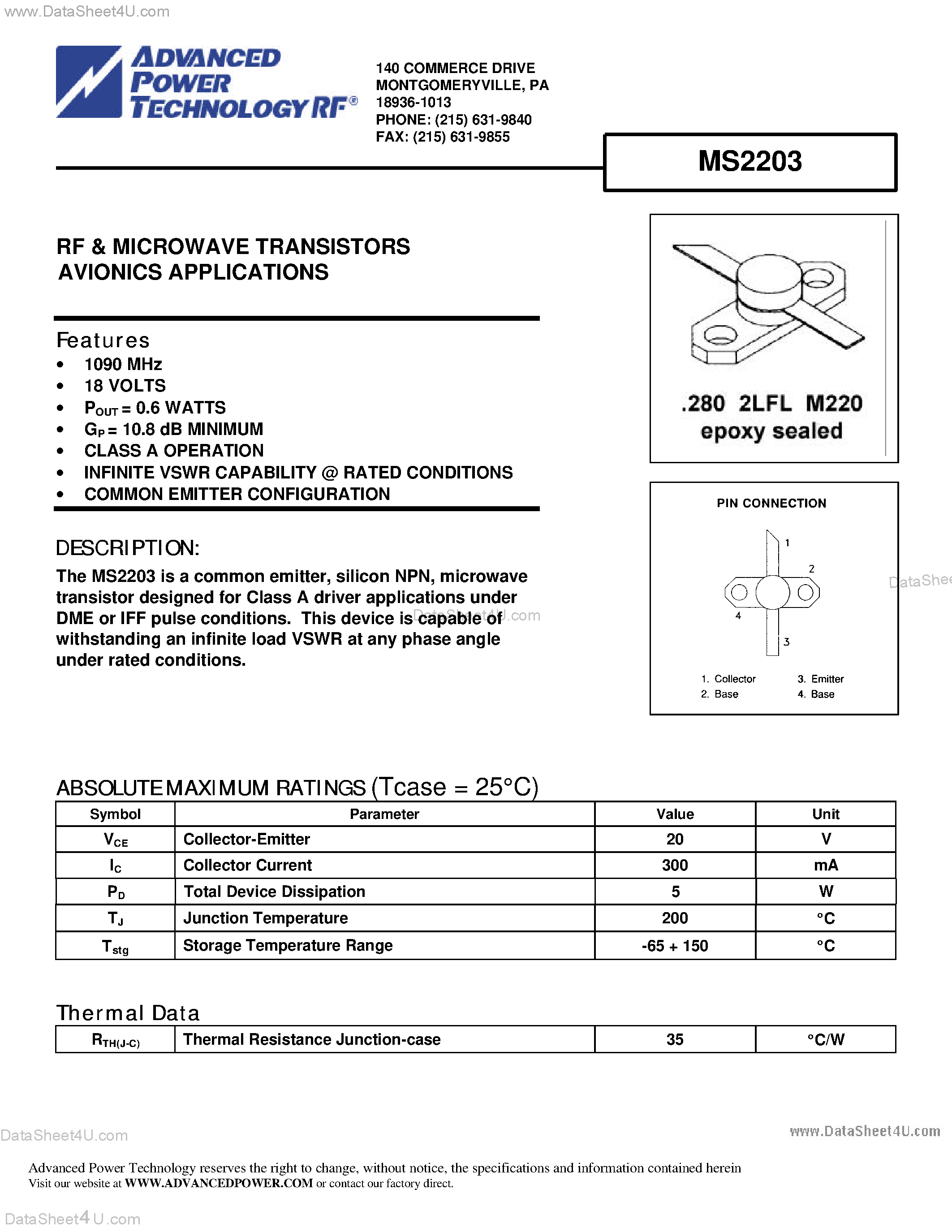 Datasheet MS2203 - RF AND MICROWAVE TRANSISTORS AVIONICS APPLICATIONS page 1
