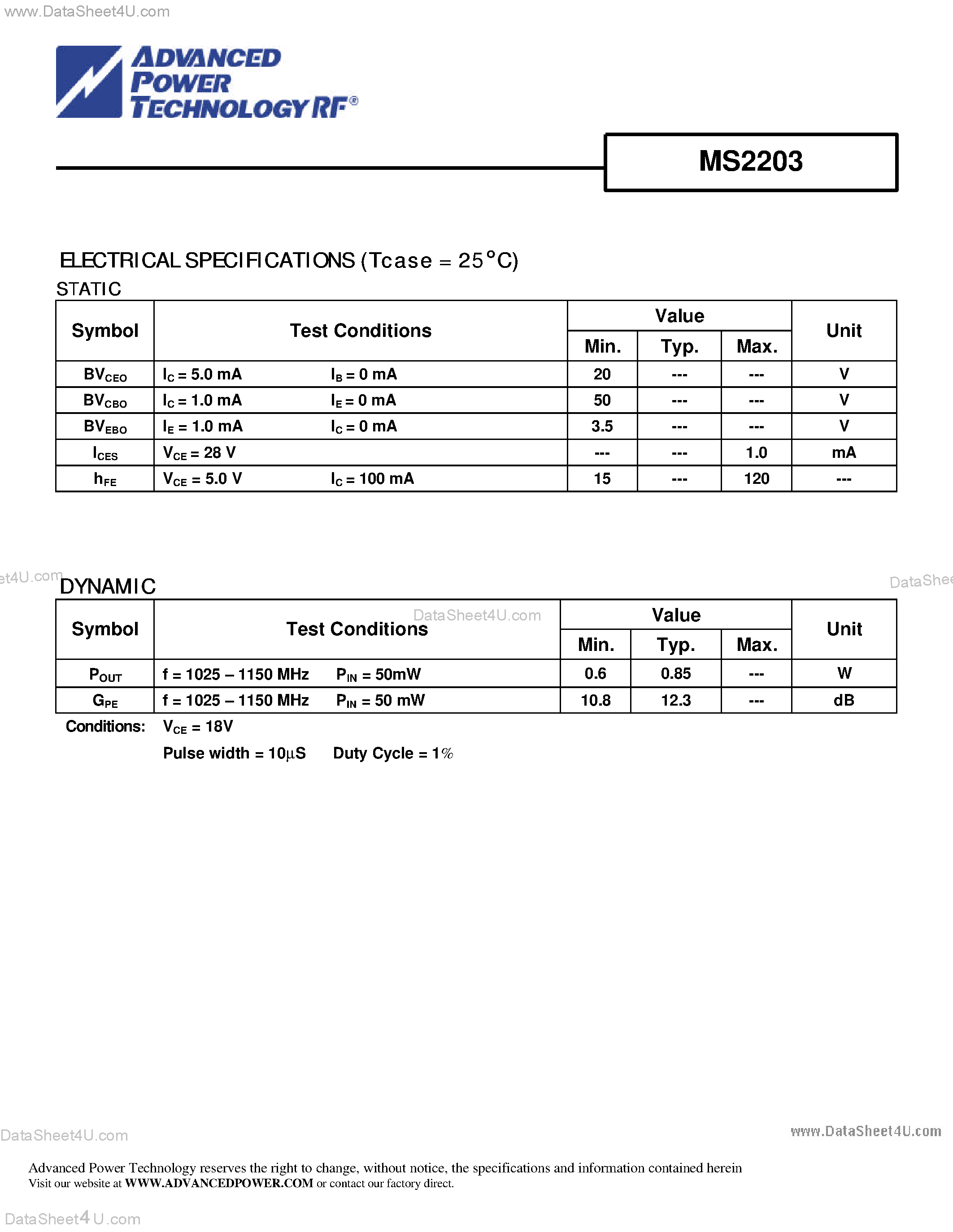 Datasheet MS2203 - RF AND MICROWAVE TRANSISTORS AVIONICS APPLICATIONS page 2