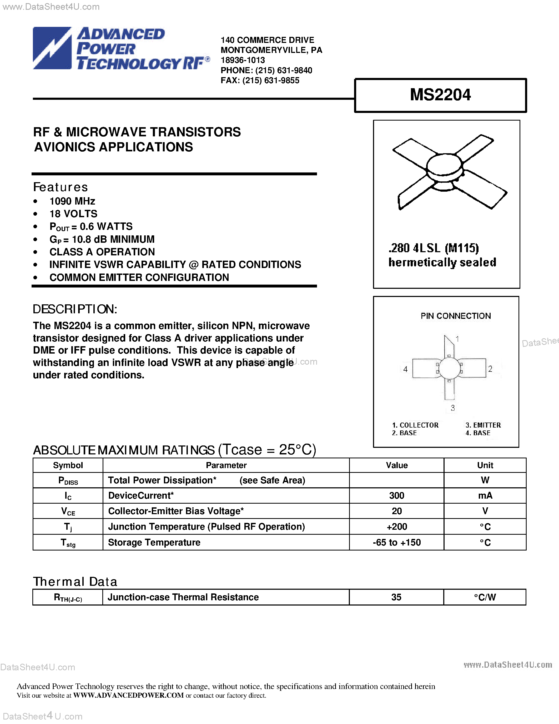 Datasheet MS2204 - RF & MICROWAVE TRANSISTORS AVIONICS APPLICATIONS page 1