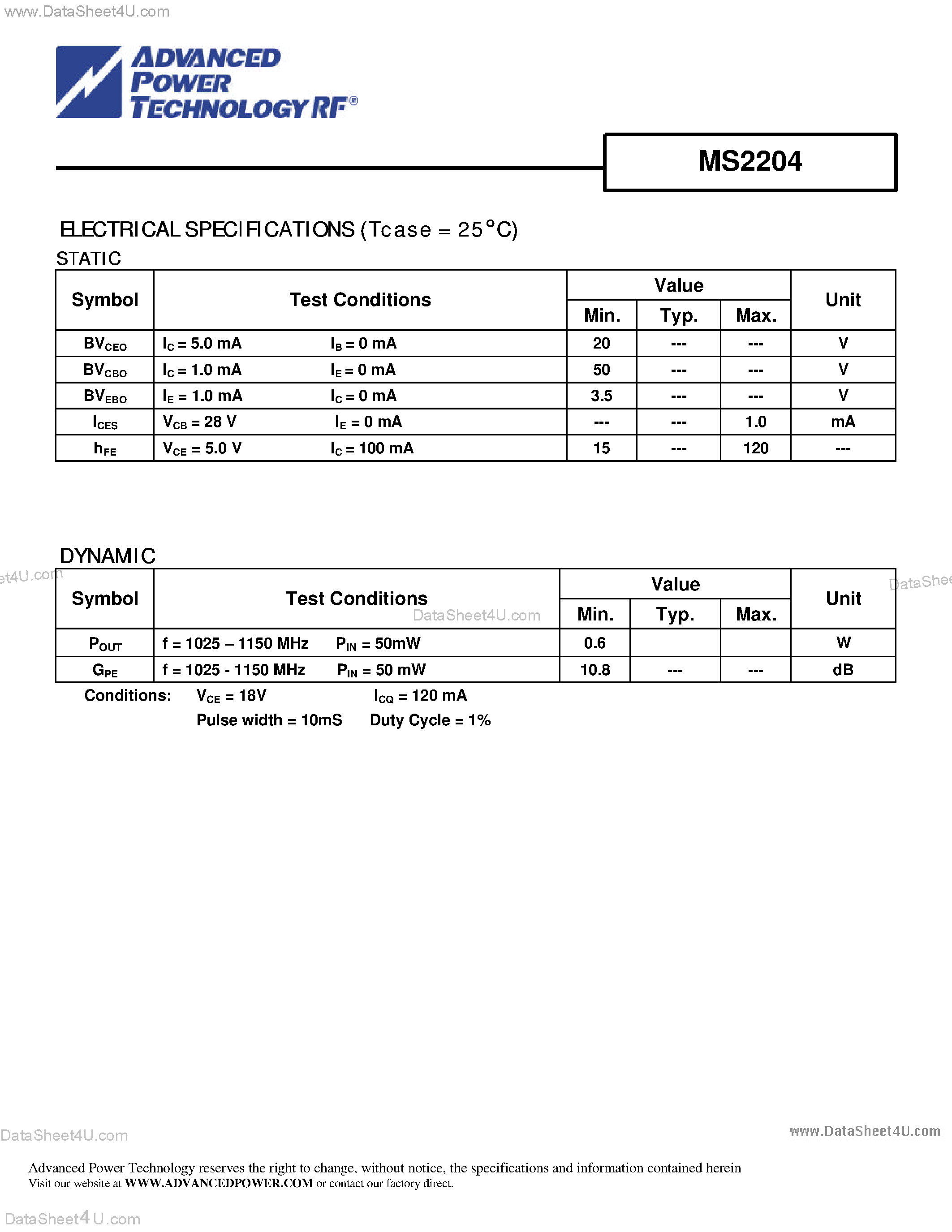 Datasheet MS2204 - RF & MICROWAVE TRANSISTORS AVIONICS APPLICATIONS page 2