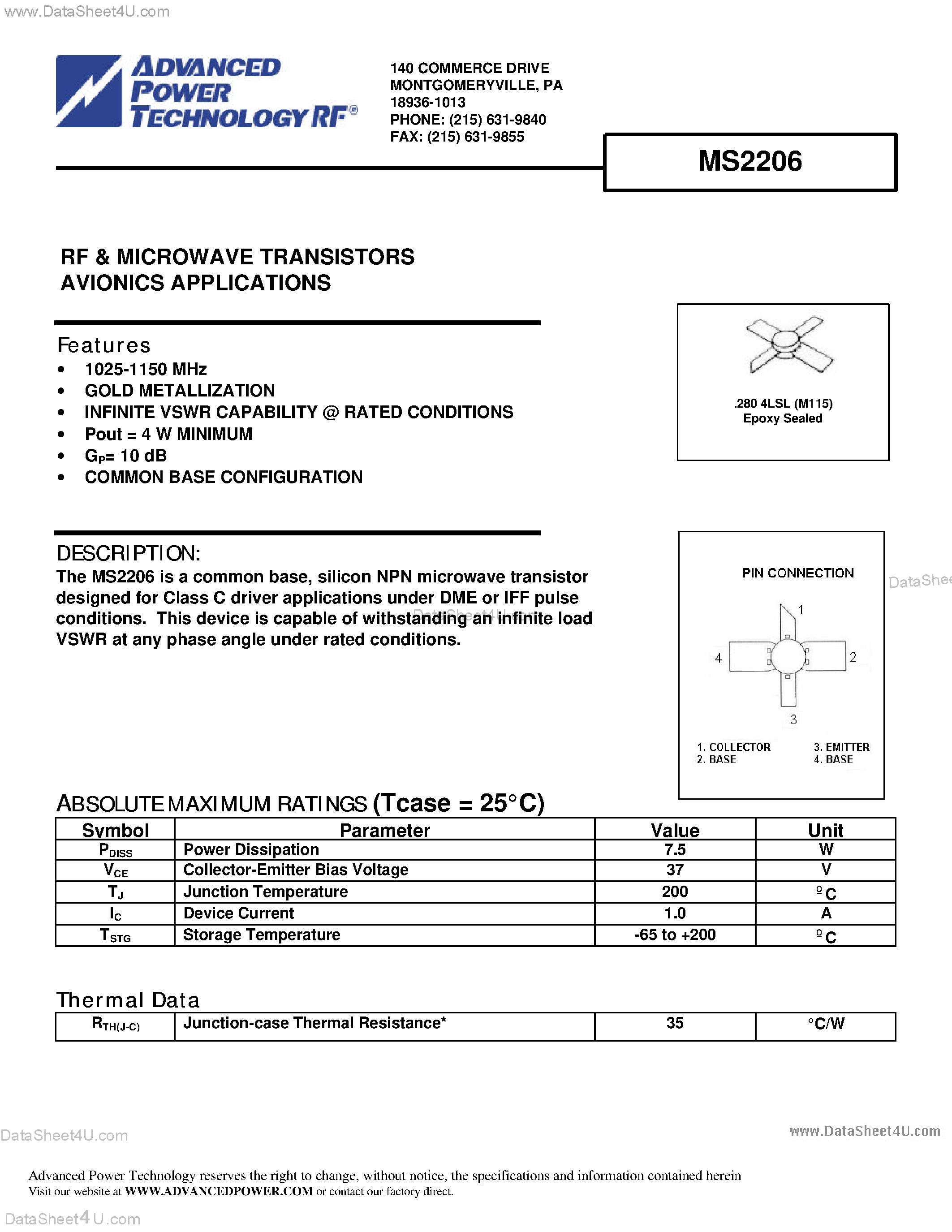 Datasheet MS2206 - RF & MICROWAVE TRANSISTORS AVIONICS APPLICATIONS page 1