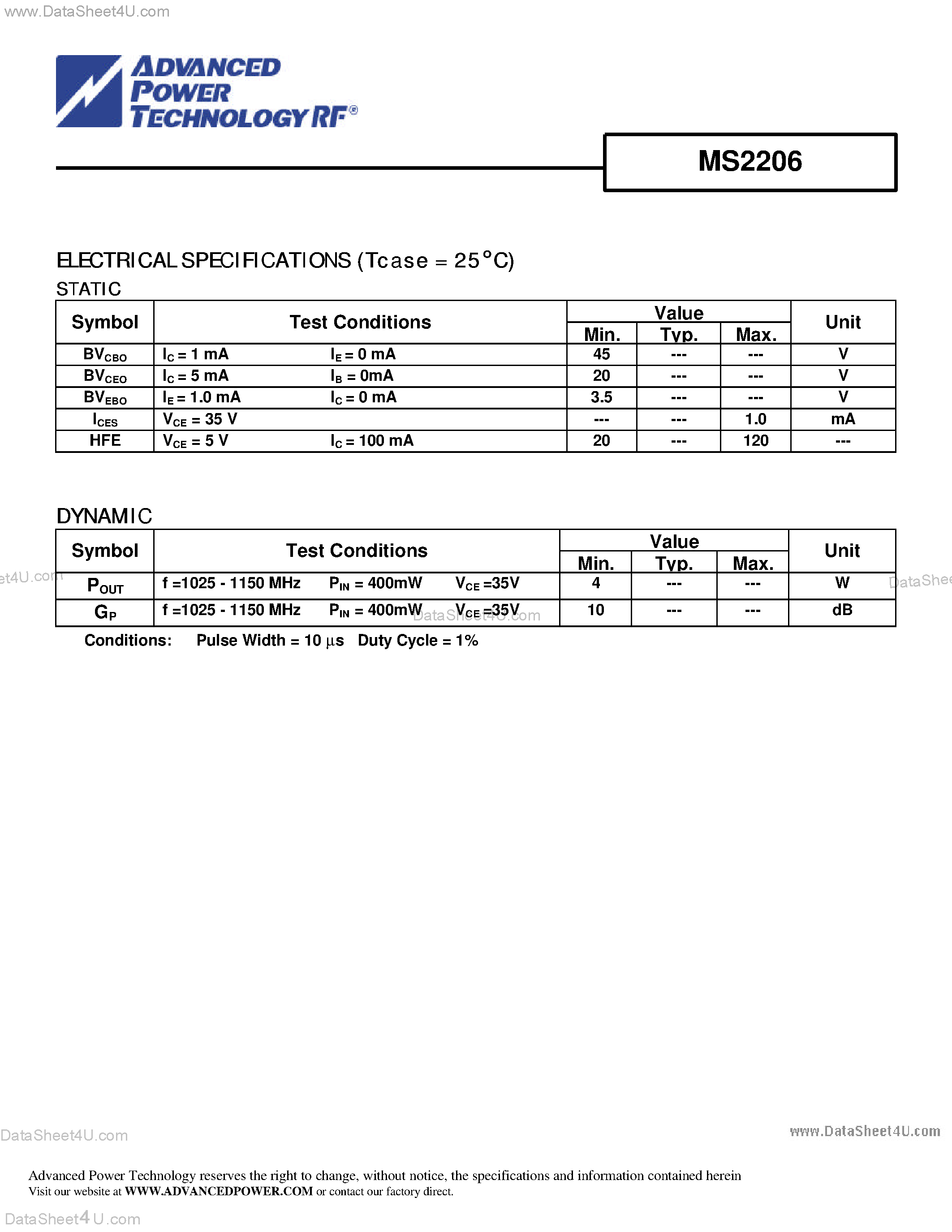 Datasheet MS2206 - RF & MICROWAVE TRANSISTORS AVIONICS APPLICATIONS page 2