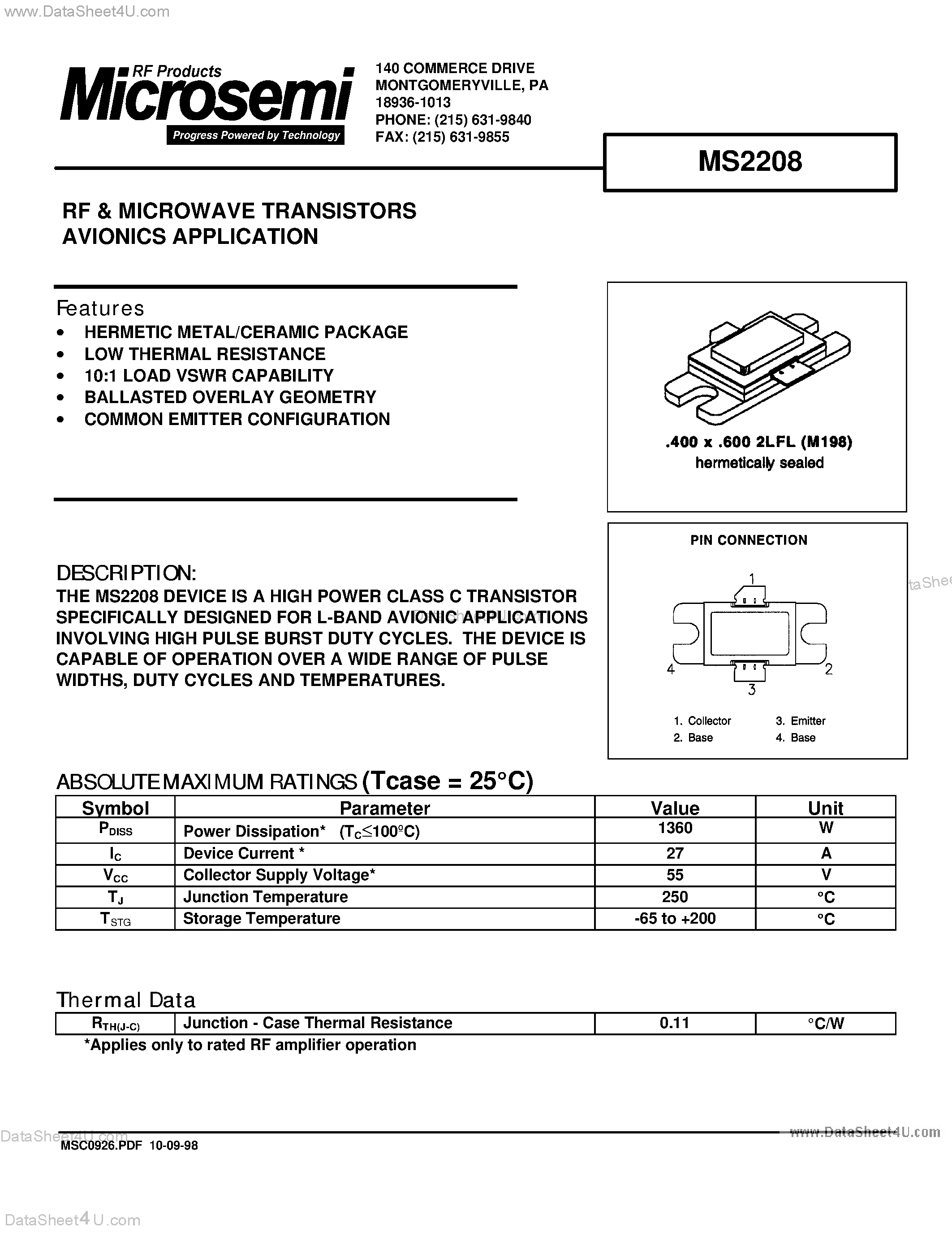 Datasheet MS2208 - RF & MICROWAVE TRANSISTORS AVIONICS APPLICATION page 1