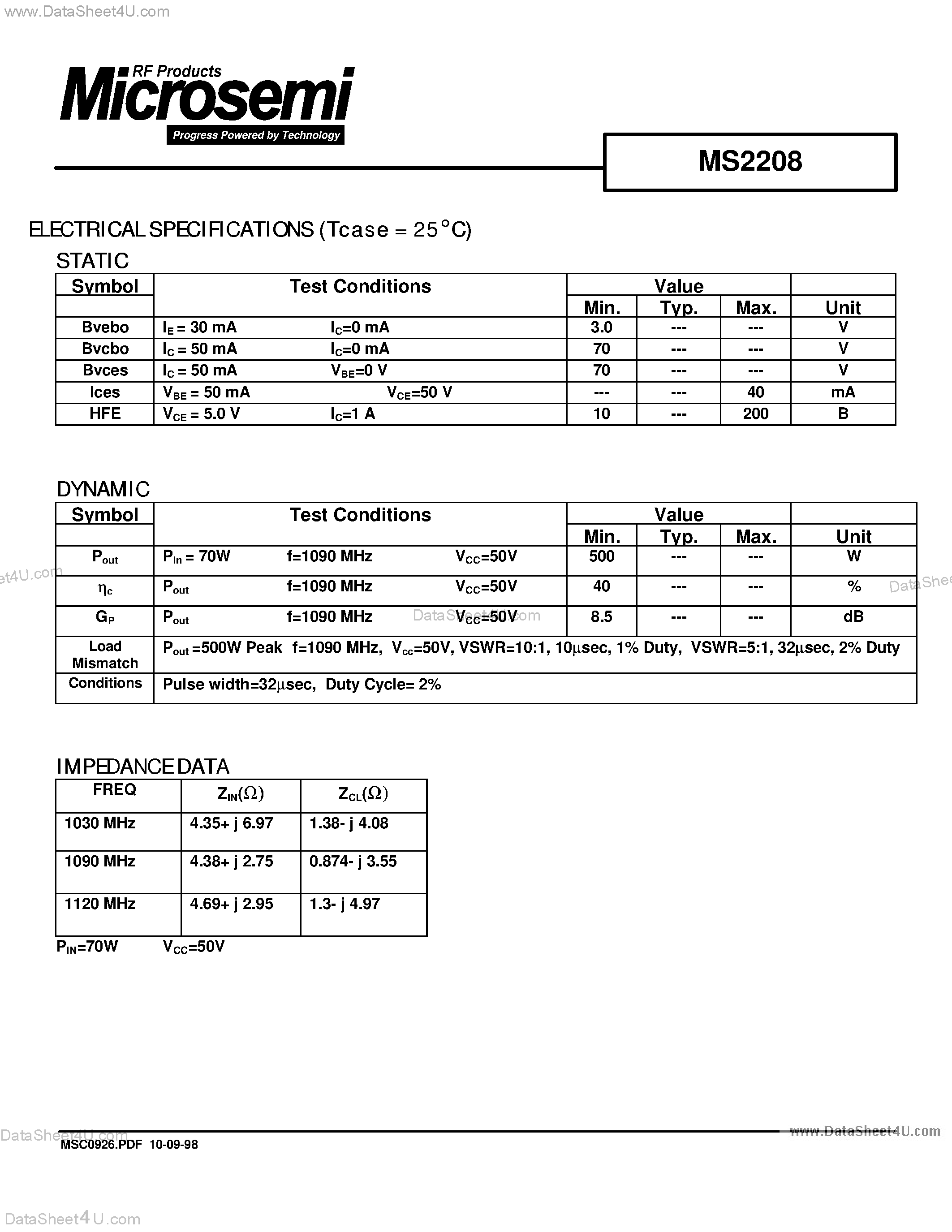 Datasheet MS2208 - RF & MICROWAVE TRANSISTORS AVIONICS APPLICATION page 2