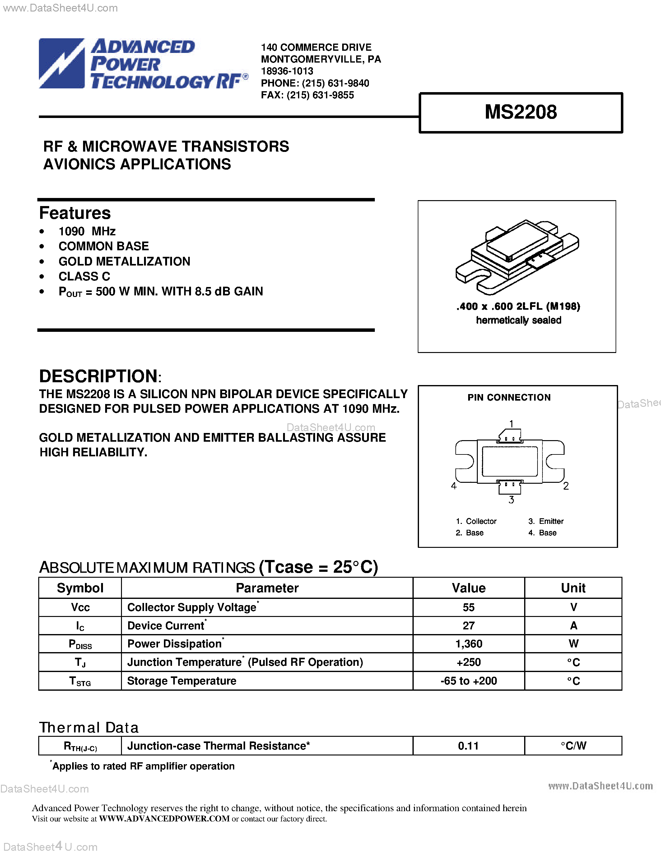 Datasheet MS2208 - RF & MICROWAVE TRANSISTORS AVIONICS APPLICATION page 1