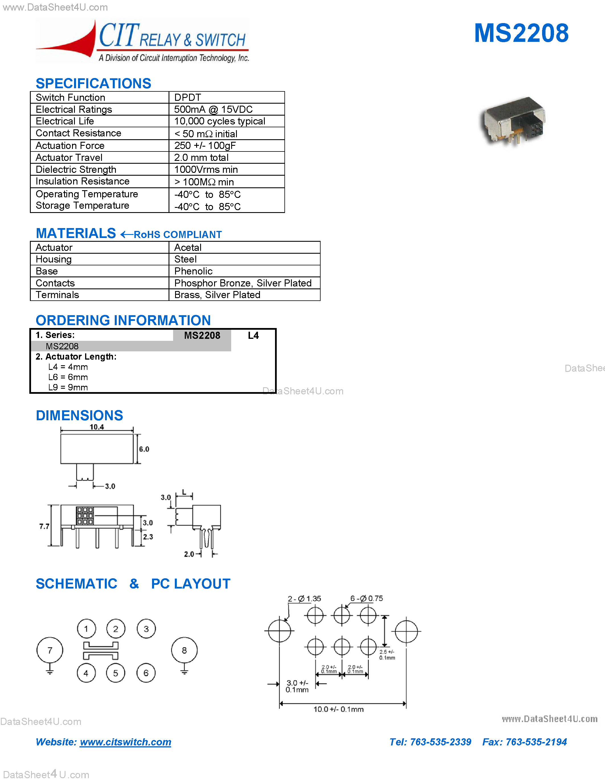 Datasheet MS2208 page 1 Datasheet MS2208 - CIT SWITCH page 1