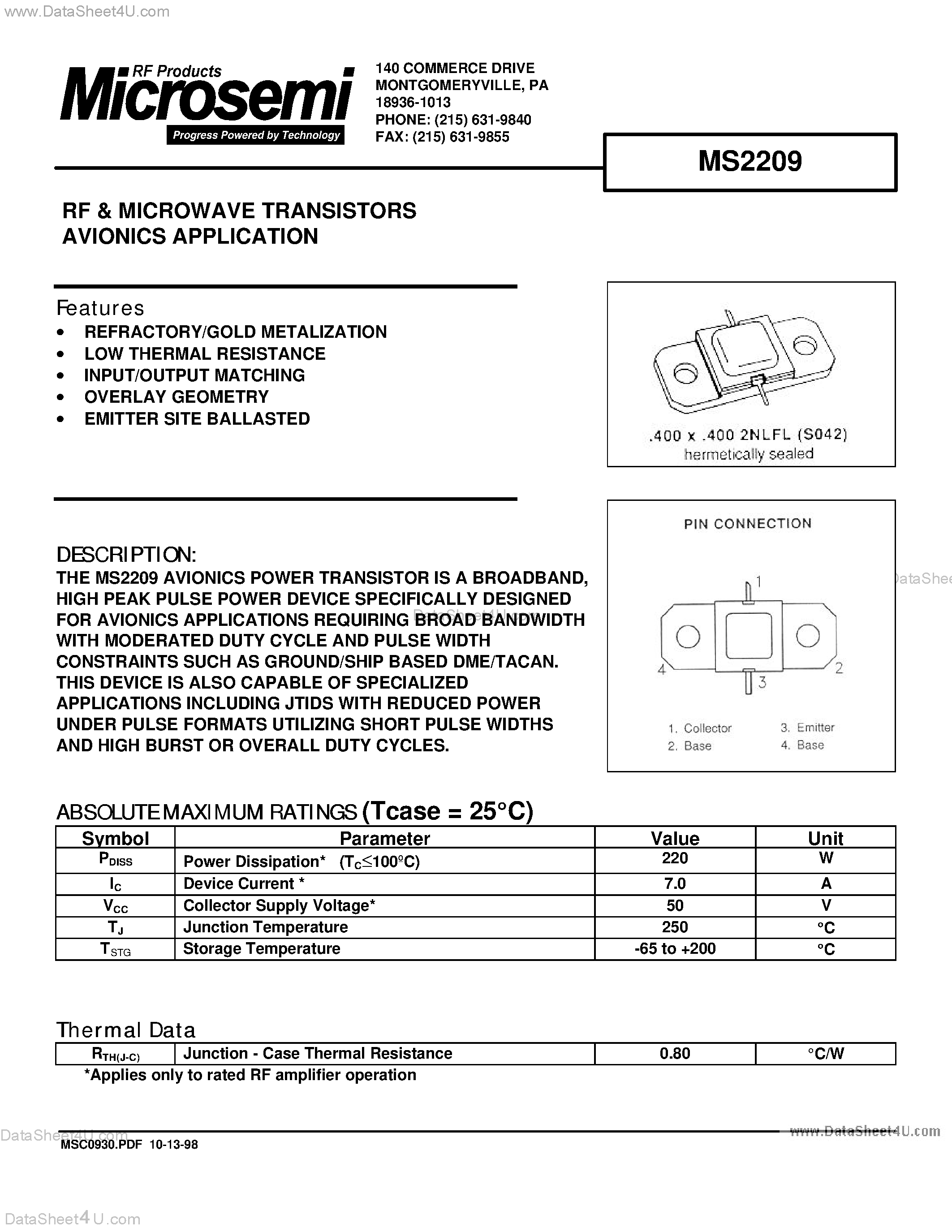 Datasheet MS2209 - RF & MICROWAVE TRANSISTORS AVIONICS APPLICATION page 1