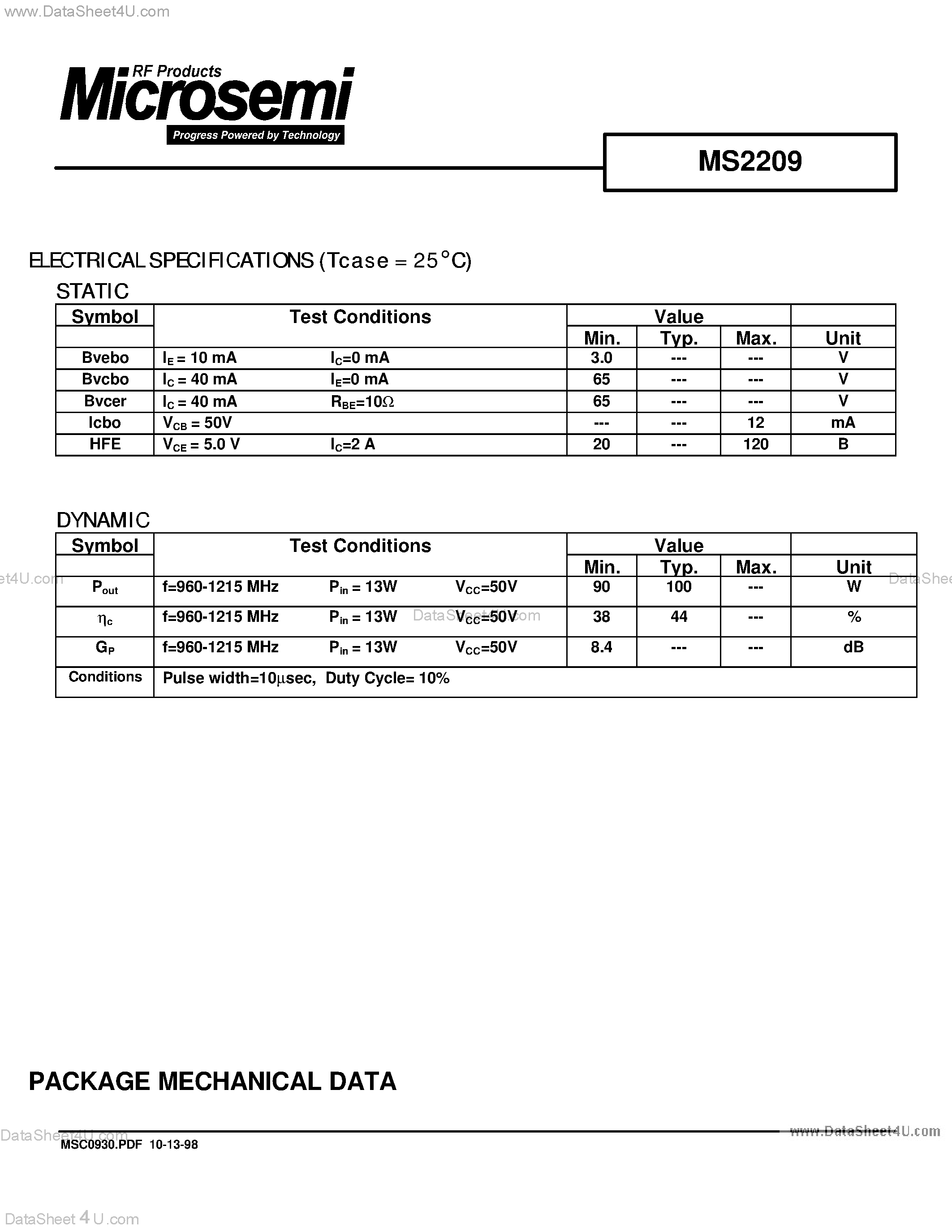 Datasheet MS2209 - RF & MICROWAVE TRANSISTORS AVIONICS APPLICATION page 2