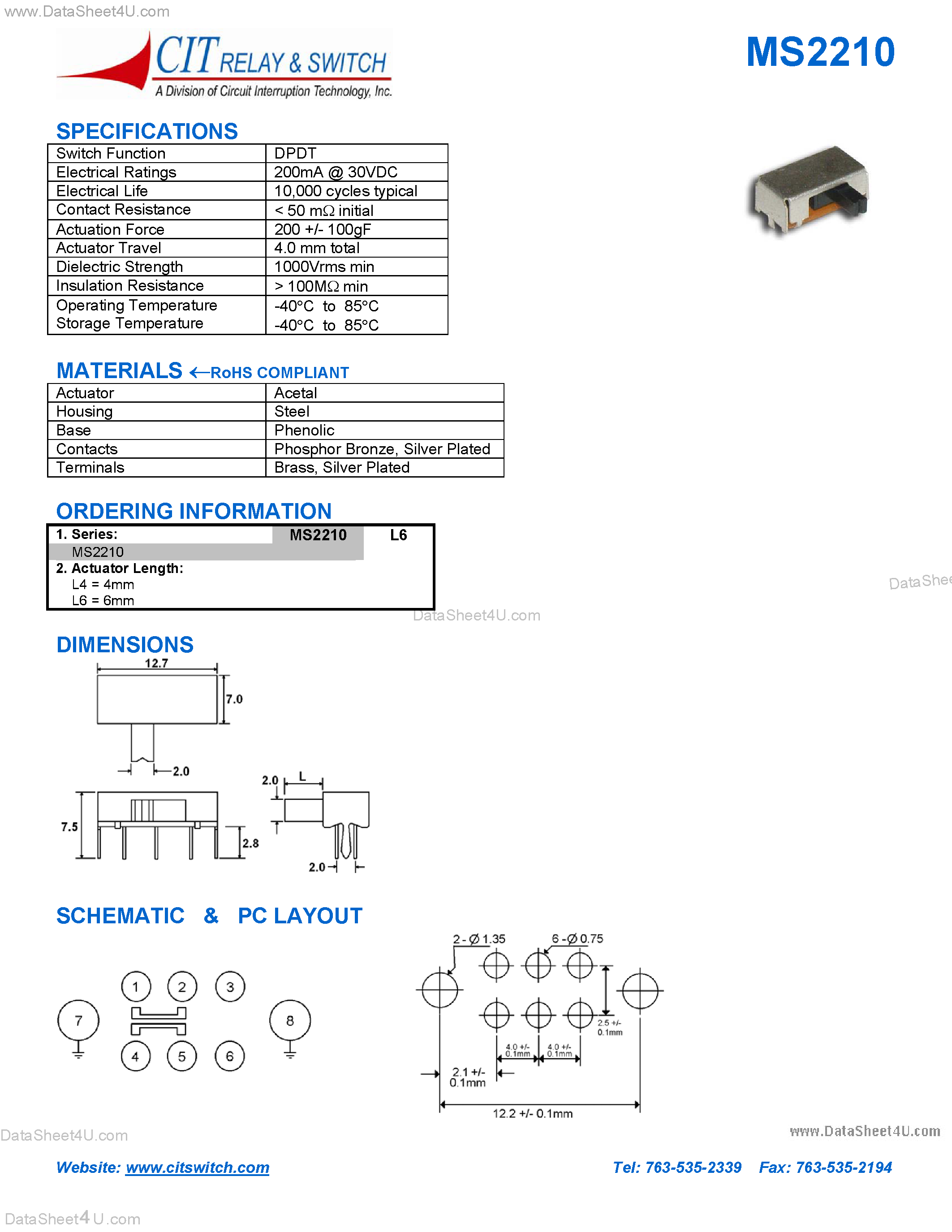 Datasheet MS2210 page 1 Datasheet MS2210 - CIT SWITCH page 1
