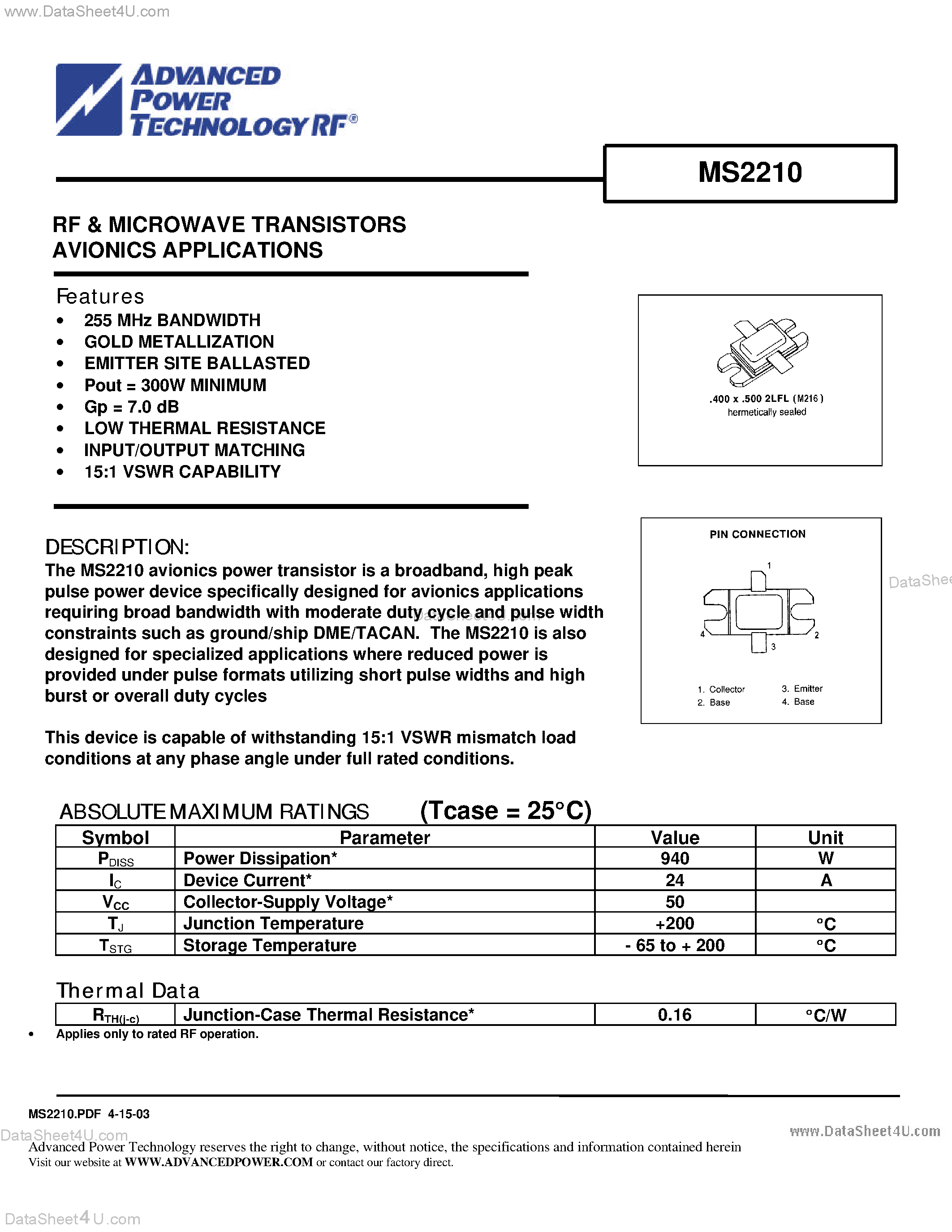 Datasheet MS2210 - RF AND MICROWAVE TRANSISTORS AVIONICS APPLICATIONS page 1
