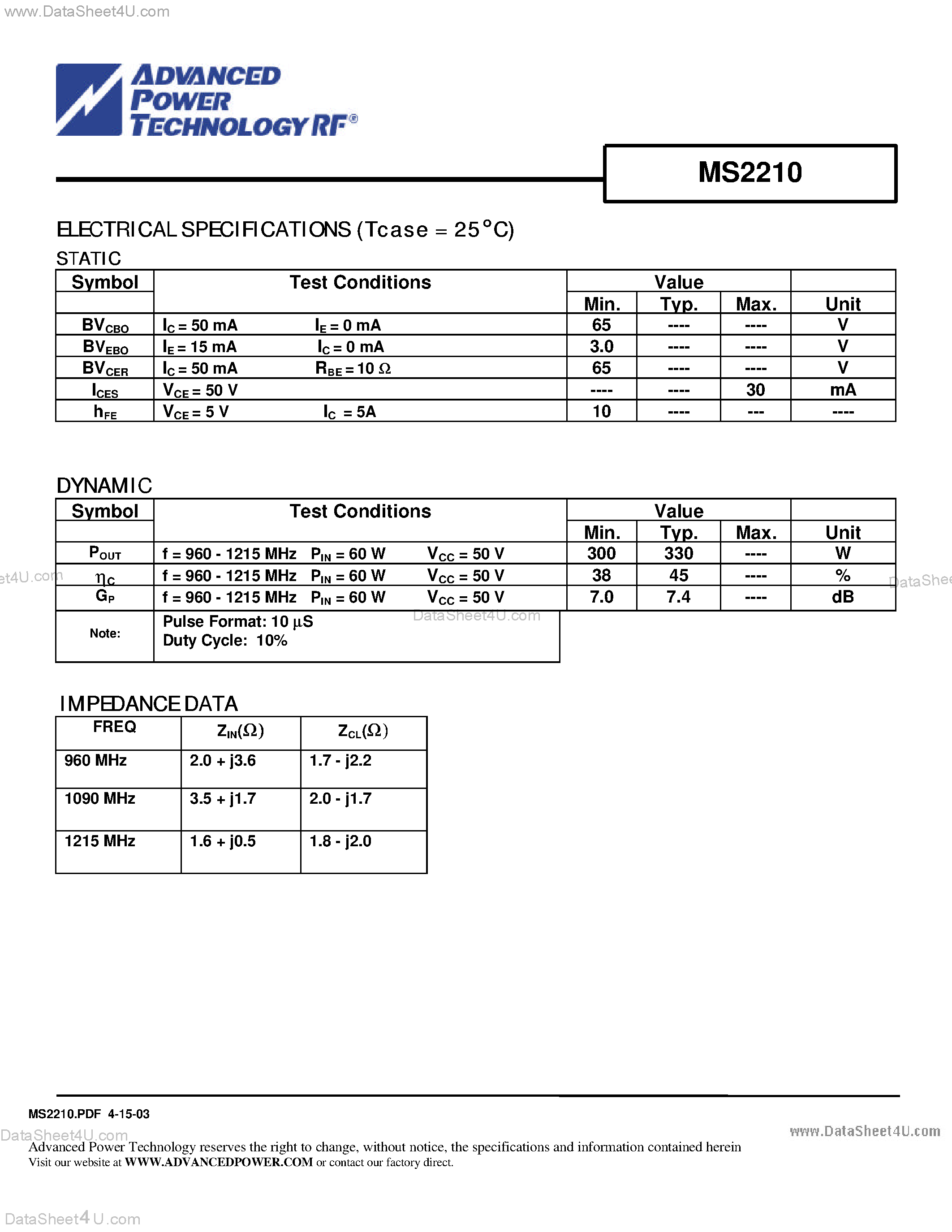Datasheet MS2210 - RF AND MICROWAVE TRANSISTORS AVIONICS APPLICATIONS page 2