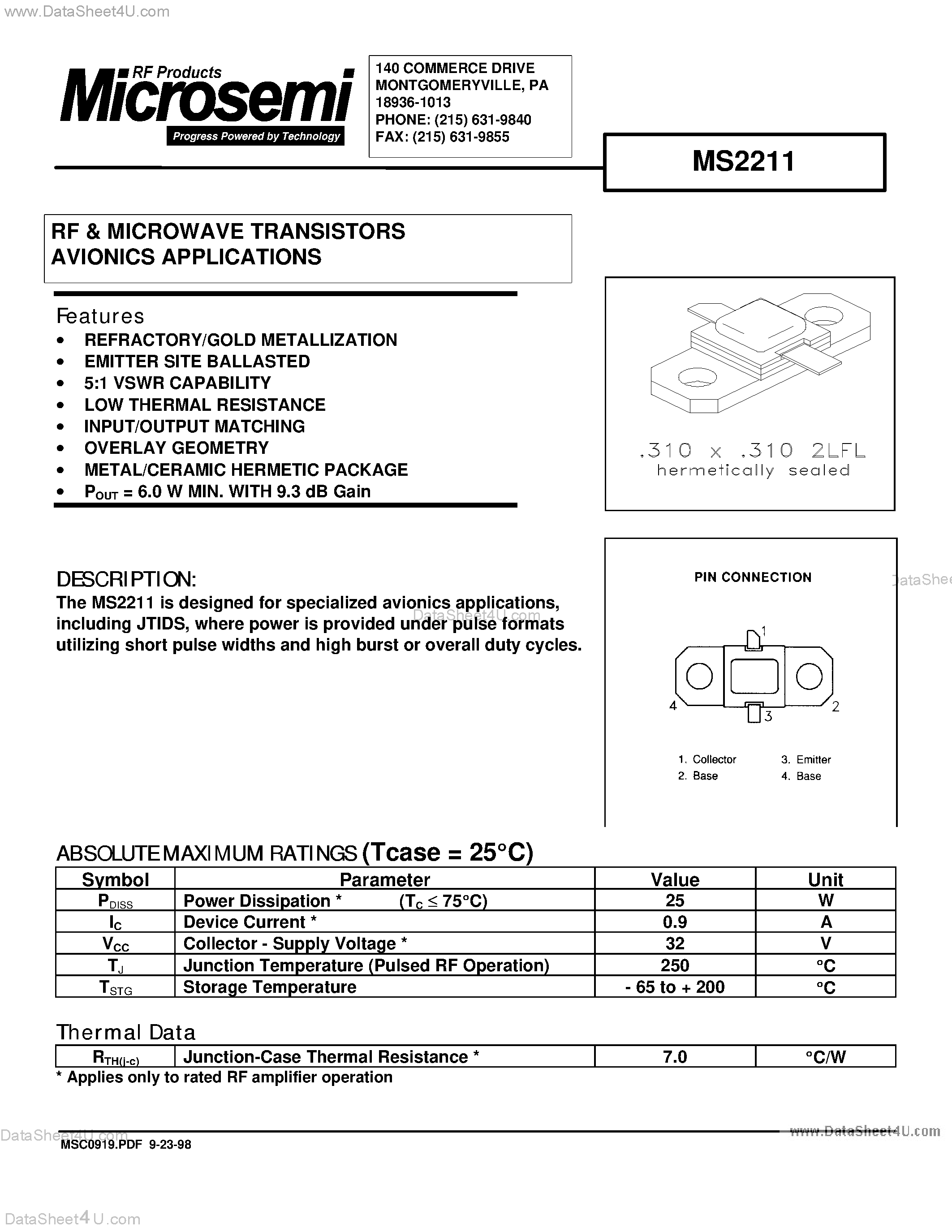 Datasheet MS2211 - RF & MICROWAVE TRANSISTORS AVIONICS APPLICATIONS page 1