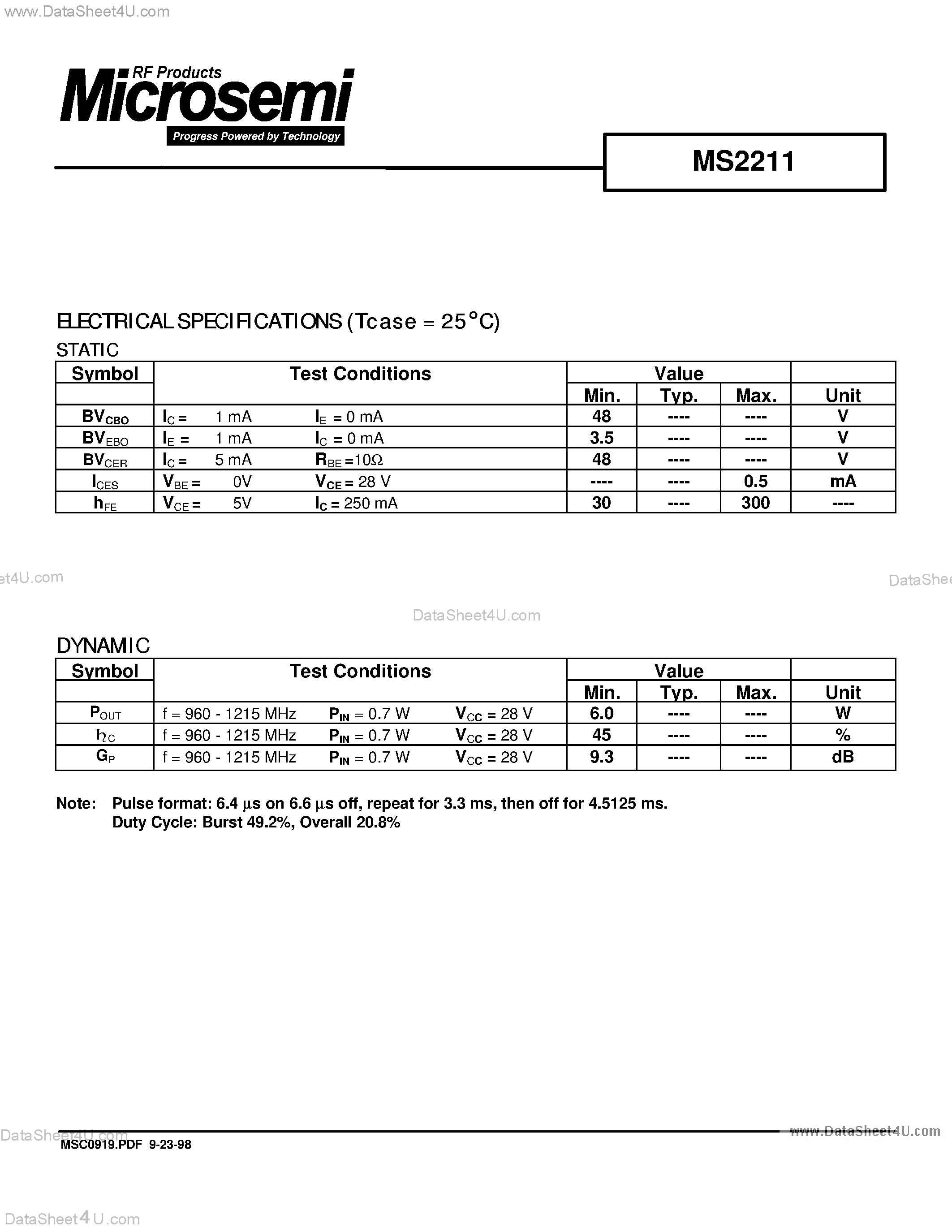 Datasheet MS2211 - RF & MICROWAVE TRANSISTORS AVIONICS APPLICATIONS page 2