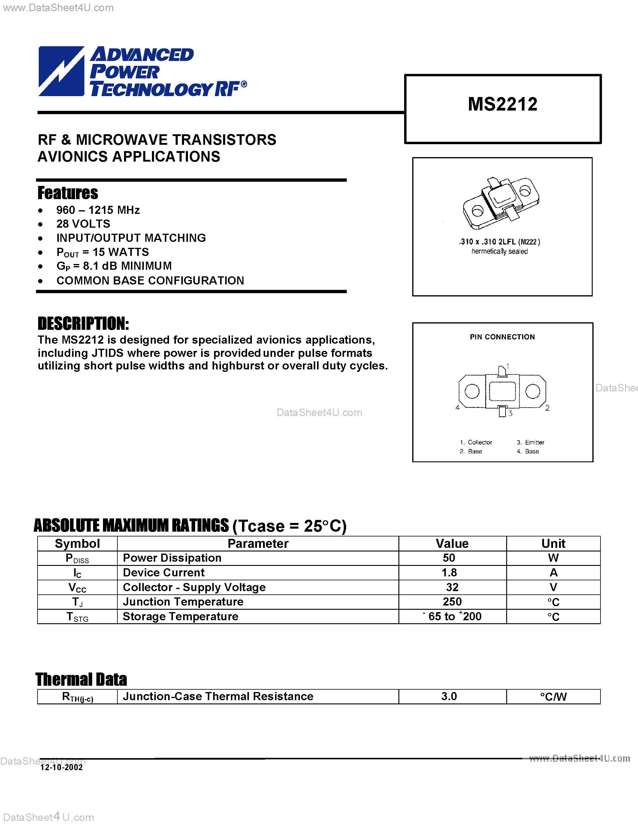 Datasheet MS2212 - RF & MICROWAVE TRANSISTORS AVIONICS APPLICATIONS page 1