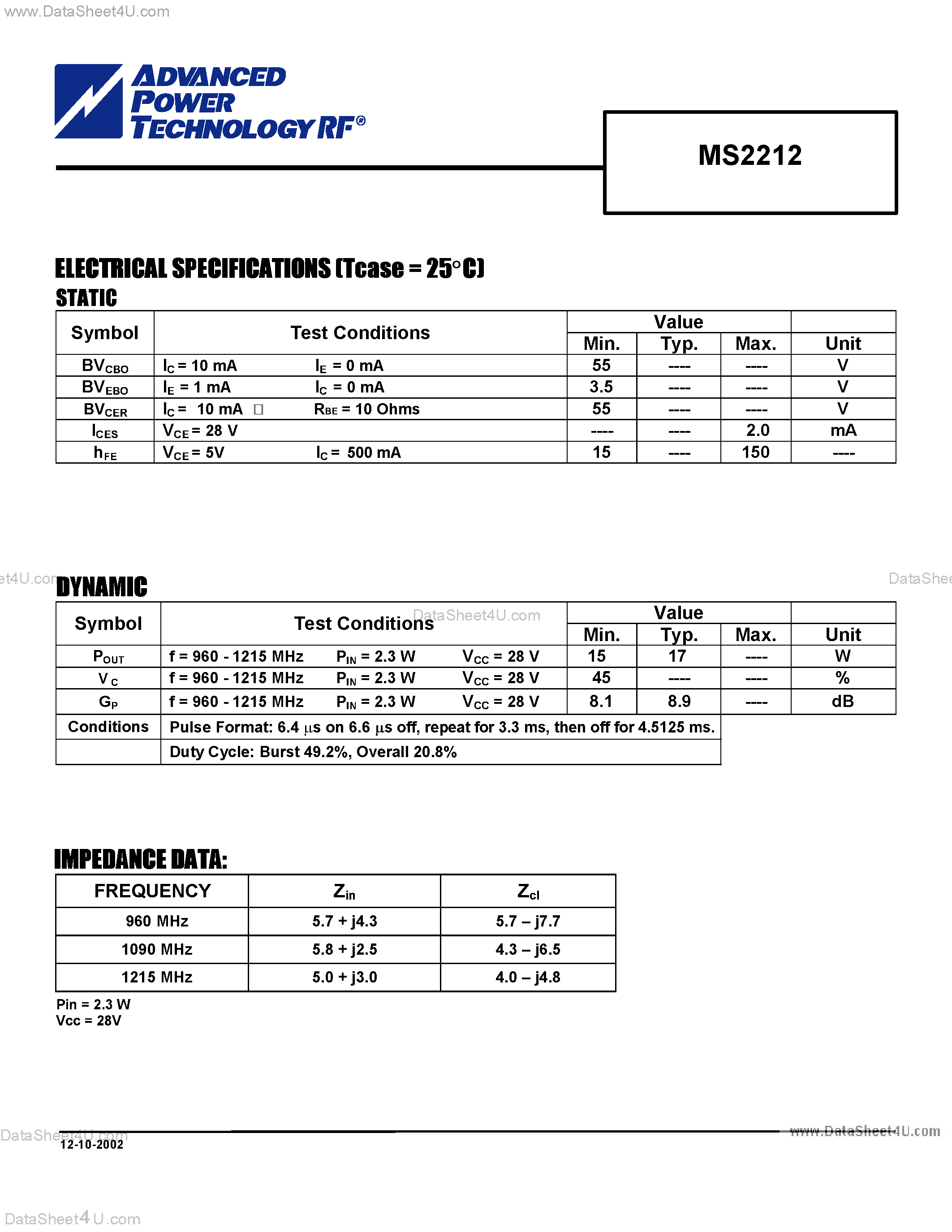 Datasheet MS2212 - RF & MICROWAVE TRANSISTORS AVIONICS APPLICATIONS page 2