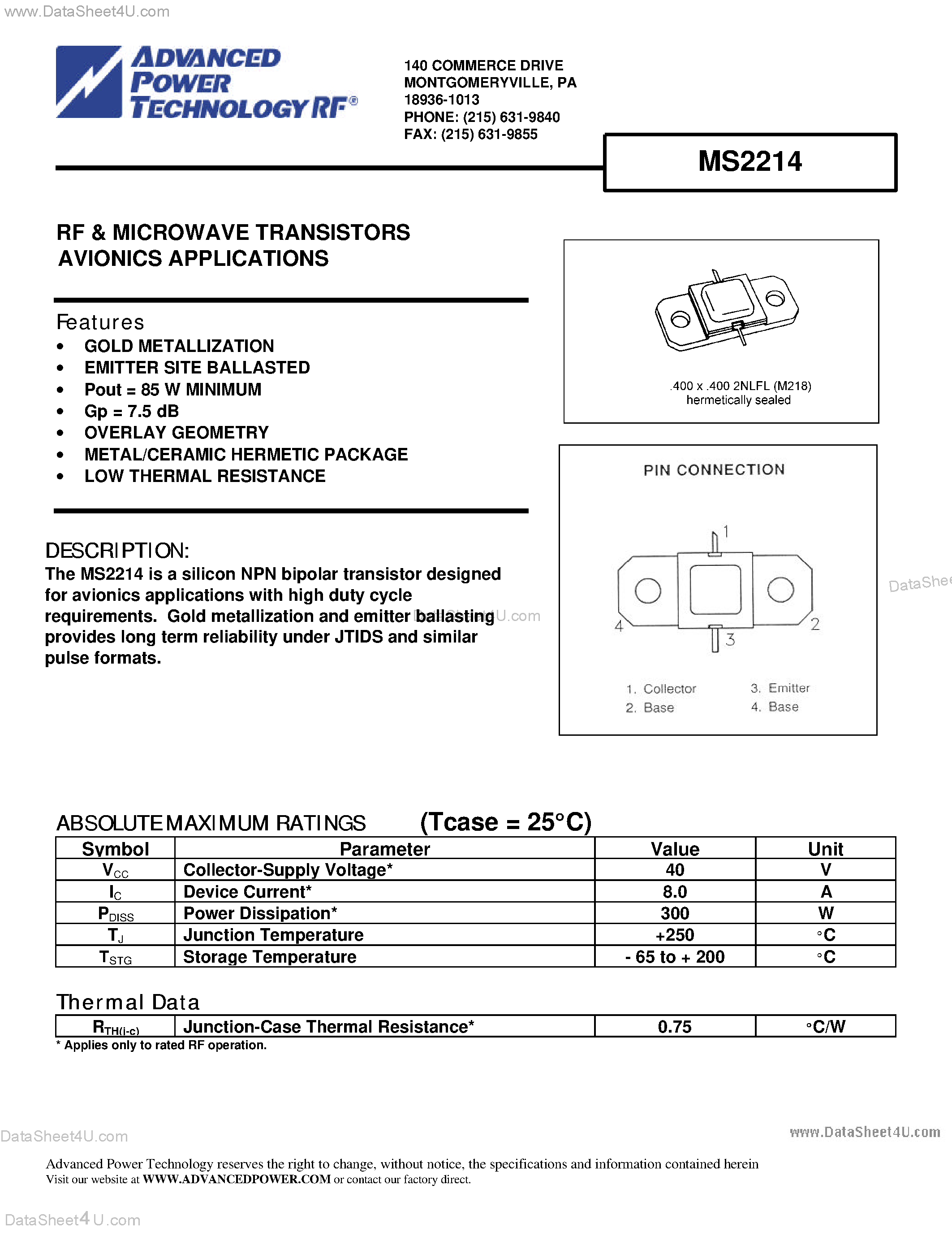 Datasheet MS2214 - RF & MICROWAVE TRANSISTORS AVIONICS APPLICATIONS page 1