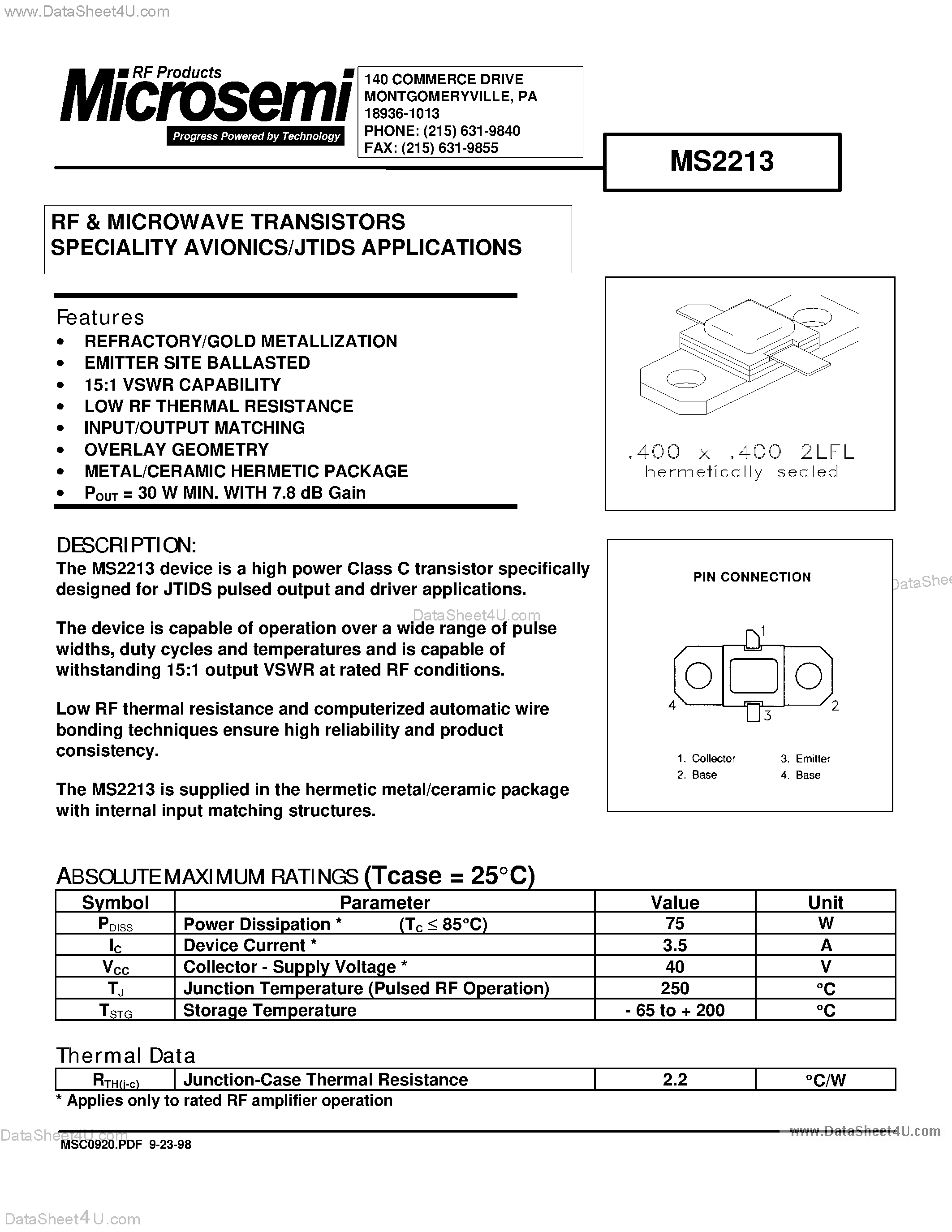 Datasheet MS2213 - RF & MICROWAVE TRANSISTORS SPECIALITY AVIONICS/JTIDS APPLICATIONS page 1