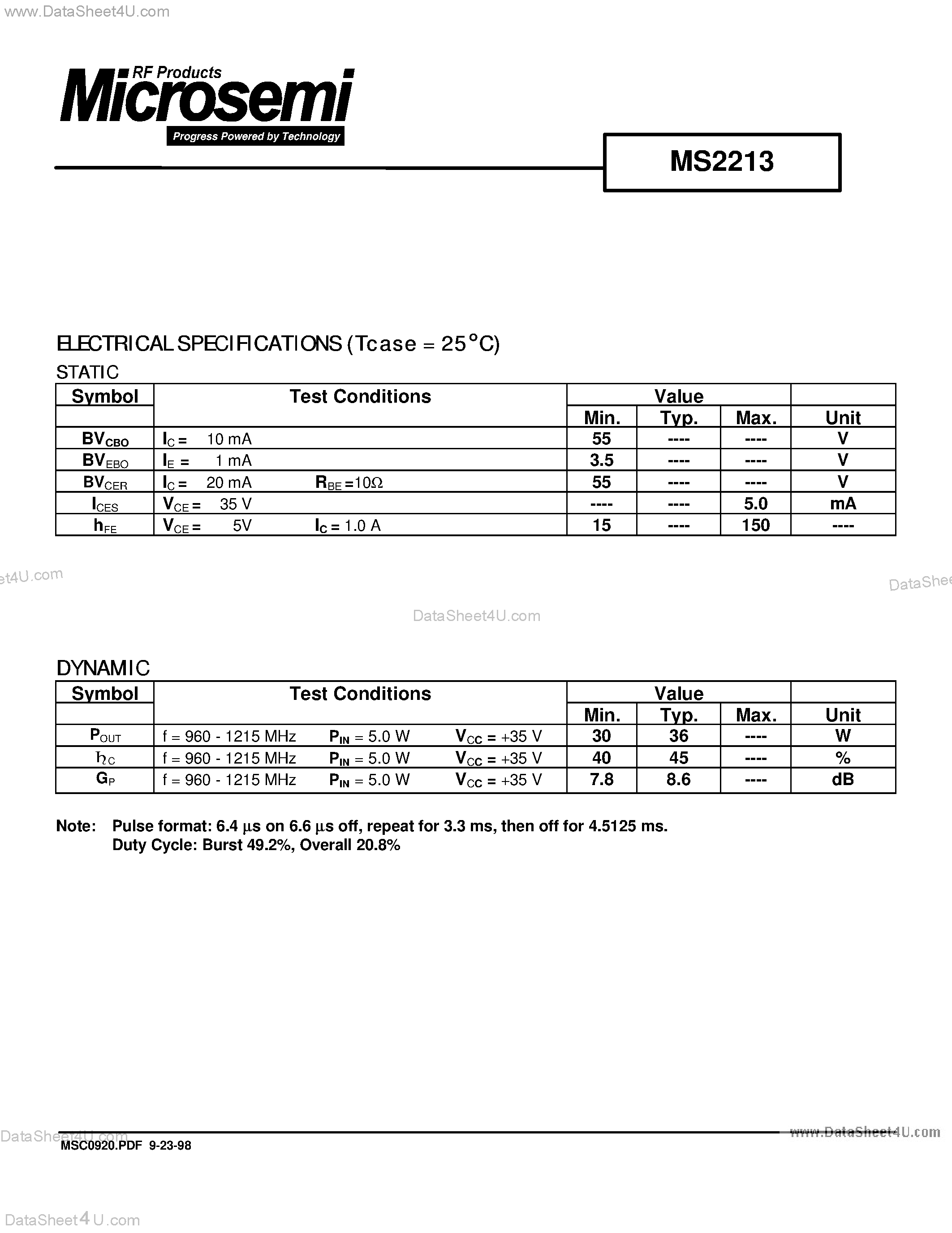 Datasheet MS2213 - RF & MICROWAVE TRANSISTORS SPECIALITY AVIONICS/JTIDS APPLICATIONS page 2