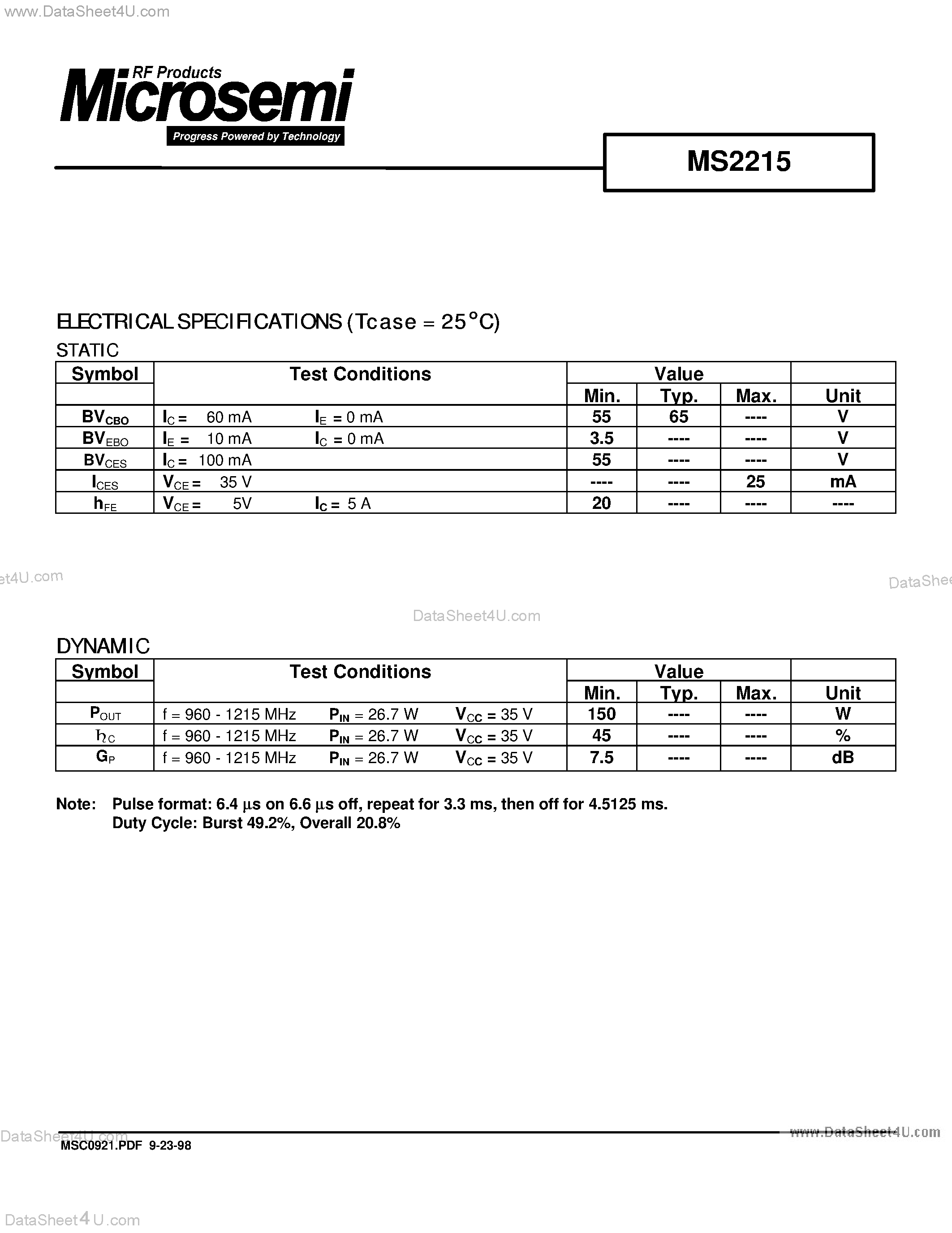 Datasheet MS2215 - RF & MICROWAVE TRANSISTORS AVIONICS APPLICATIONS page 2