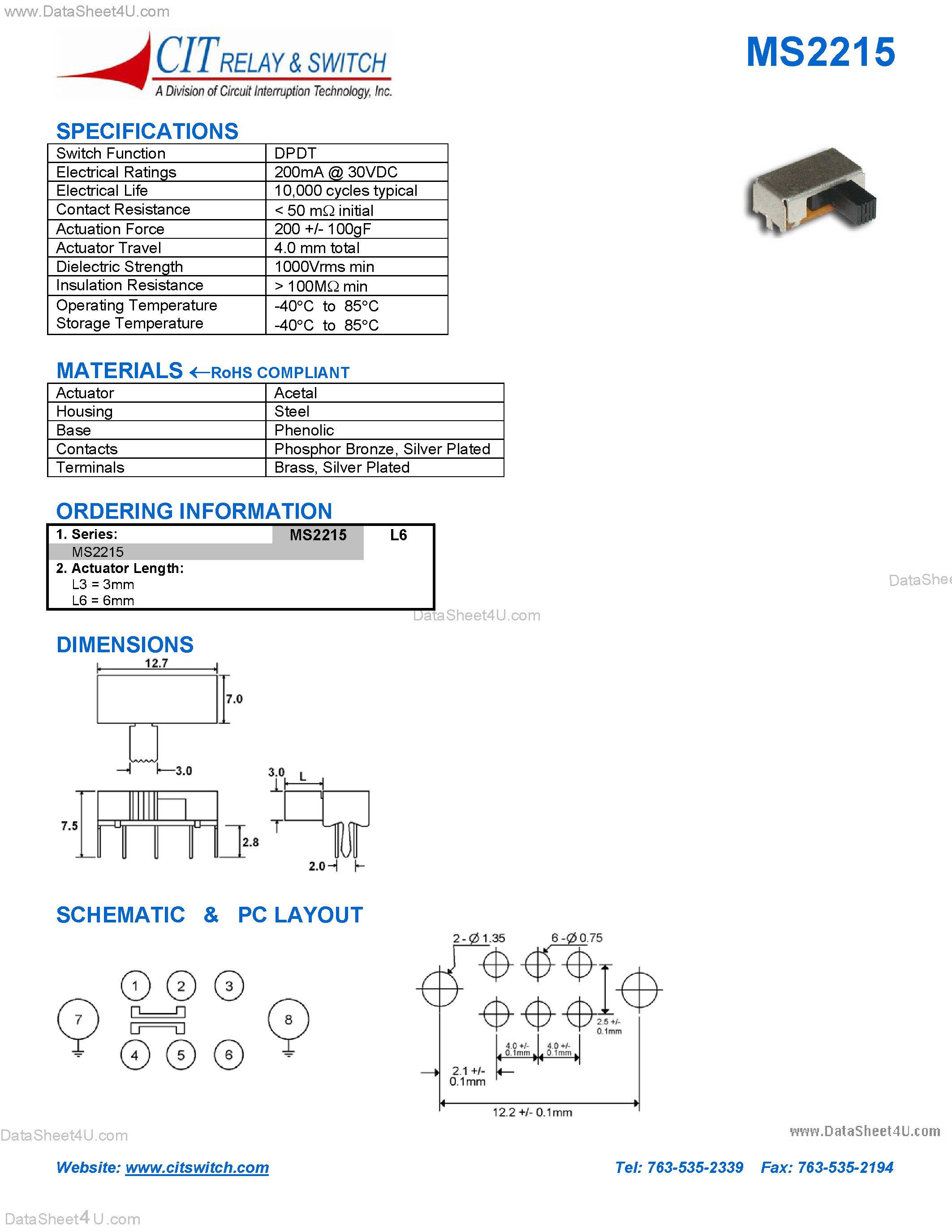Datasheet MS2215 page 1 Datasheet MS2215 - CIT SWITCH page 1