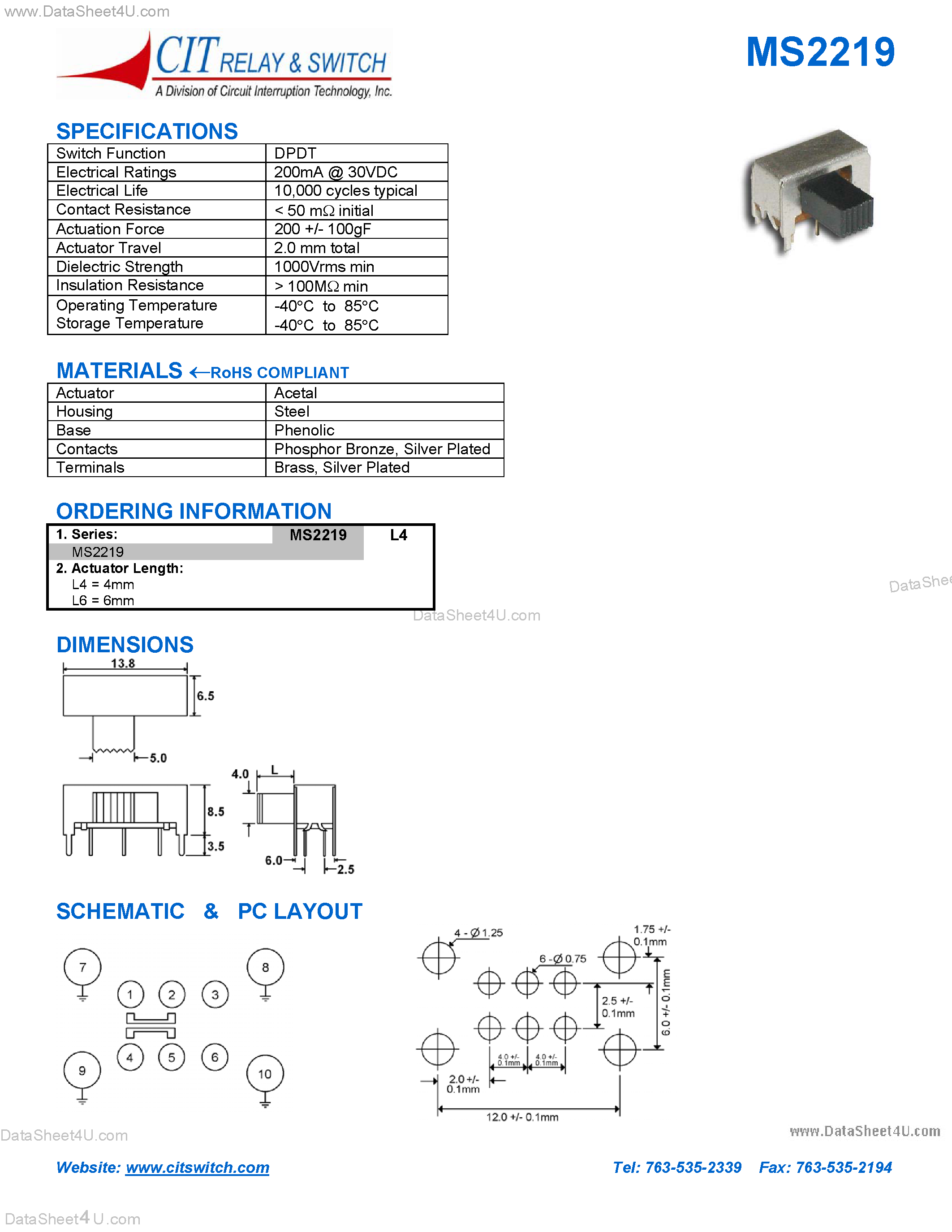 Datasheet MS2219 page 1 Datasheet MS2219 - CIT SWITCH page 1