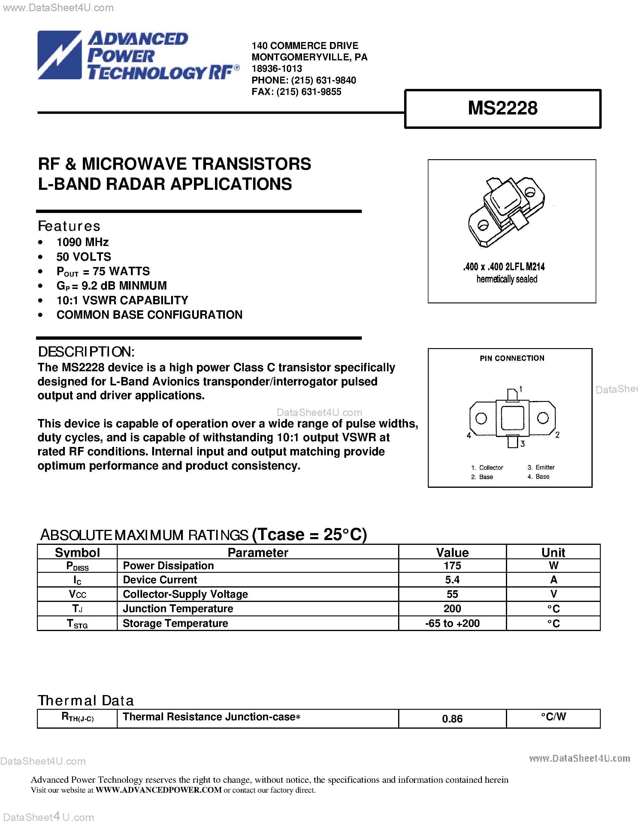 Даташит на микросхему MS2228 страница 1 Даташит MS2228 - RF & MICROWAVE TRANSISTORS L-BAND RADAR APPLICATIONS страница 1