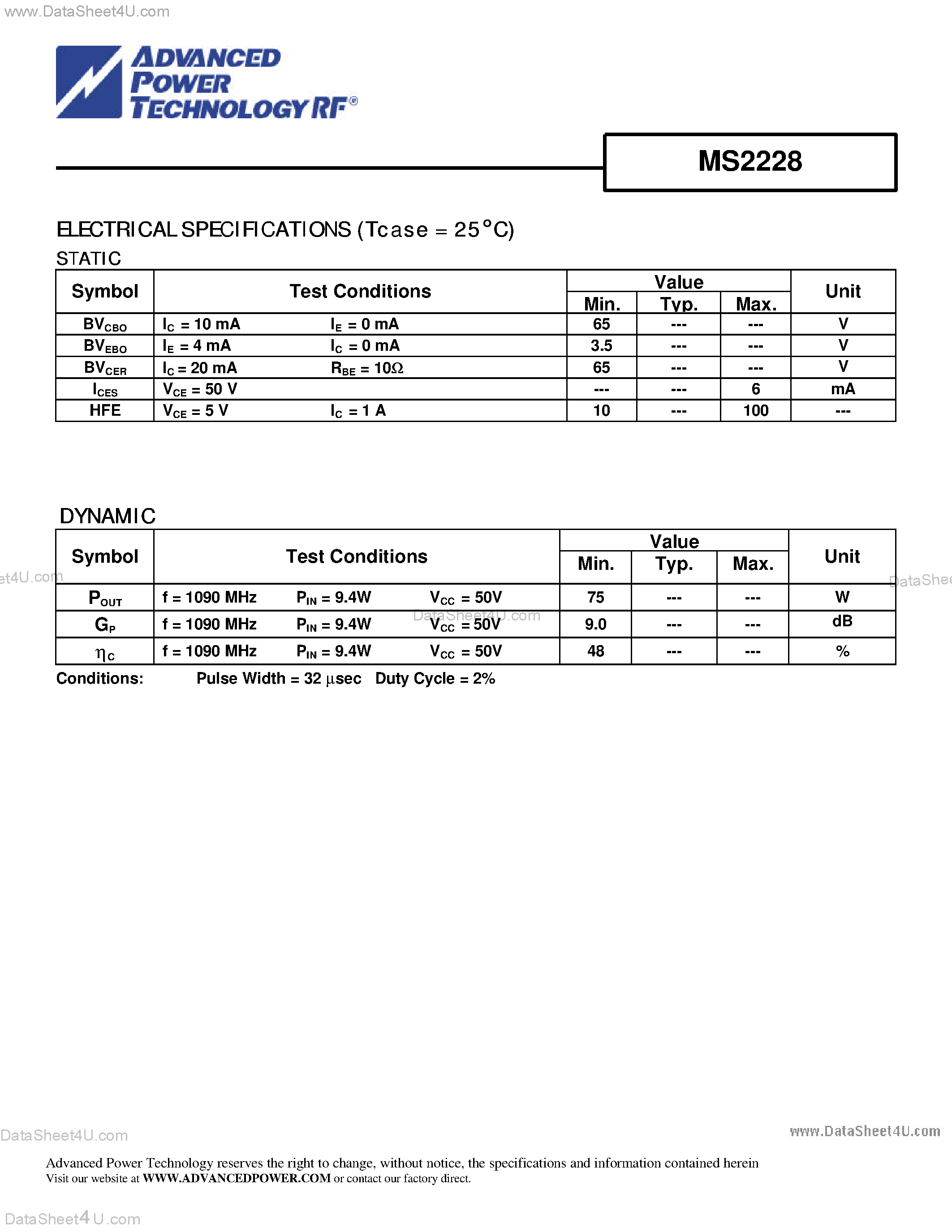 Даташит MS2228 - RF & MICROWAVE TRANSISTORS L-BAND RADAR APPLICATIONS страница 2