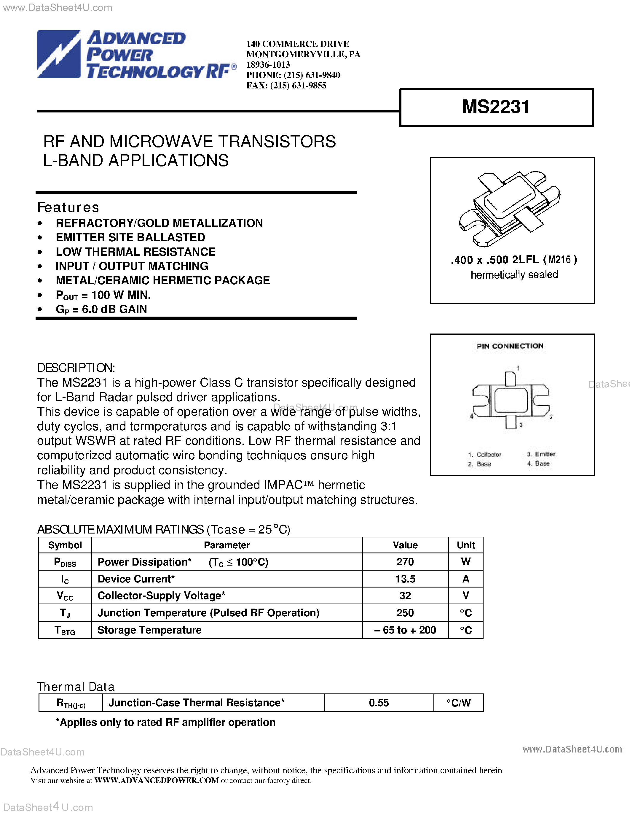 Datasheet MS2231 - RF AND MICROWAVE TRANSISTORS L-BAND APPLICATIONS page 1