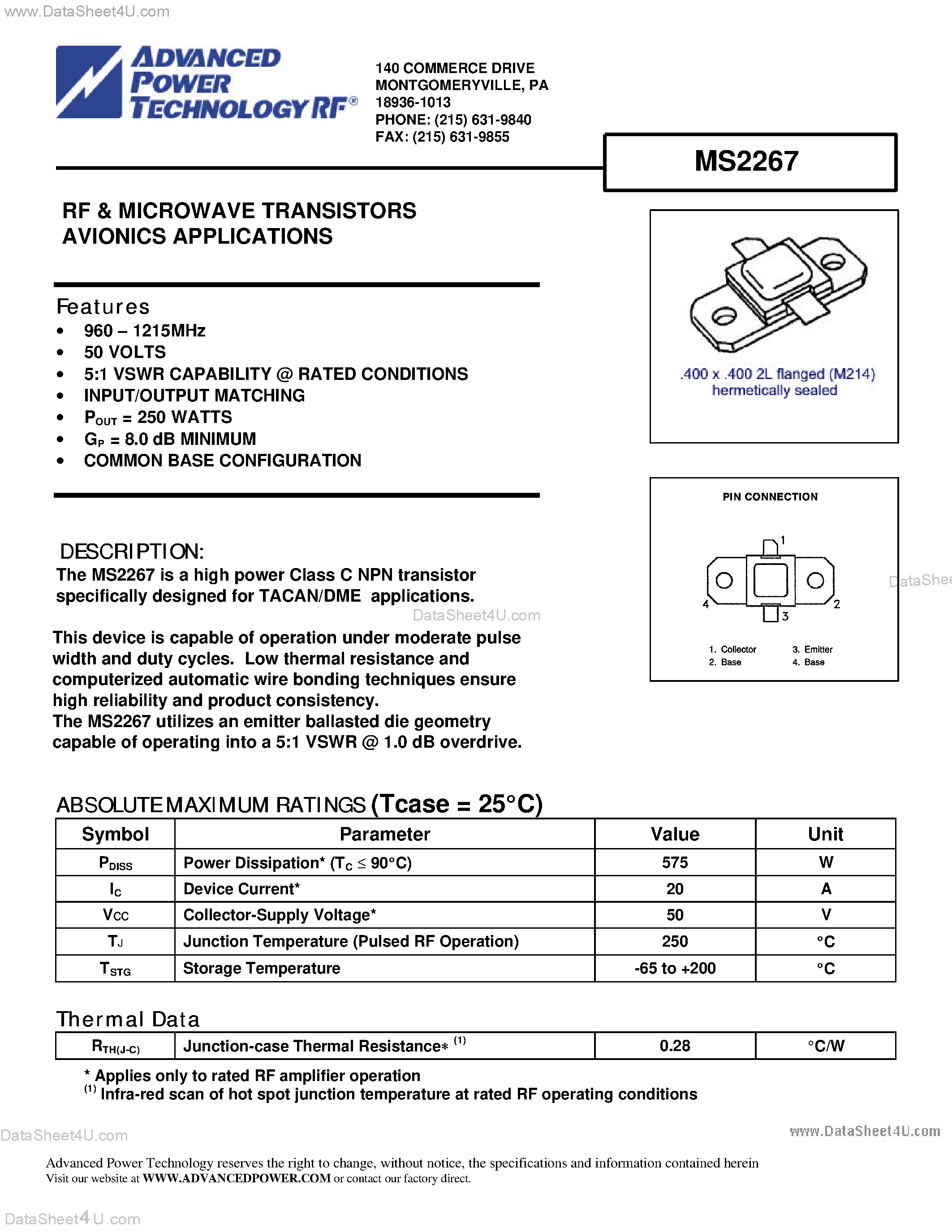 Datasheet MS2267 page 1 Datasheet MS2267 - RF & MICROWAVE TRANSISTORS AVIONICS APPLICATIONS page 1