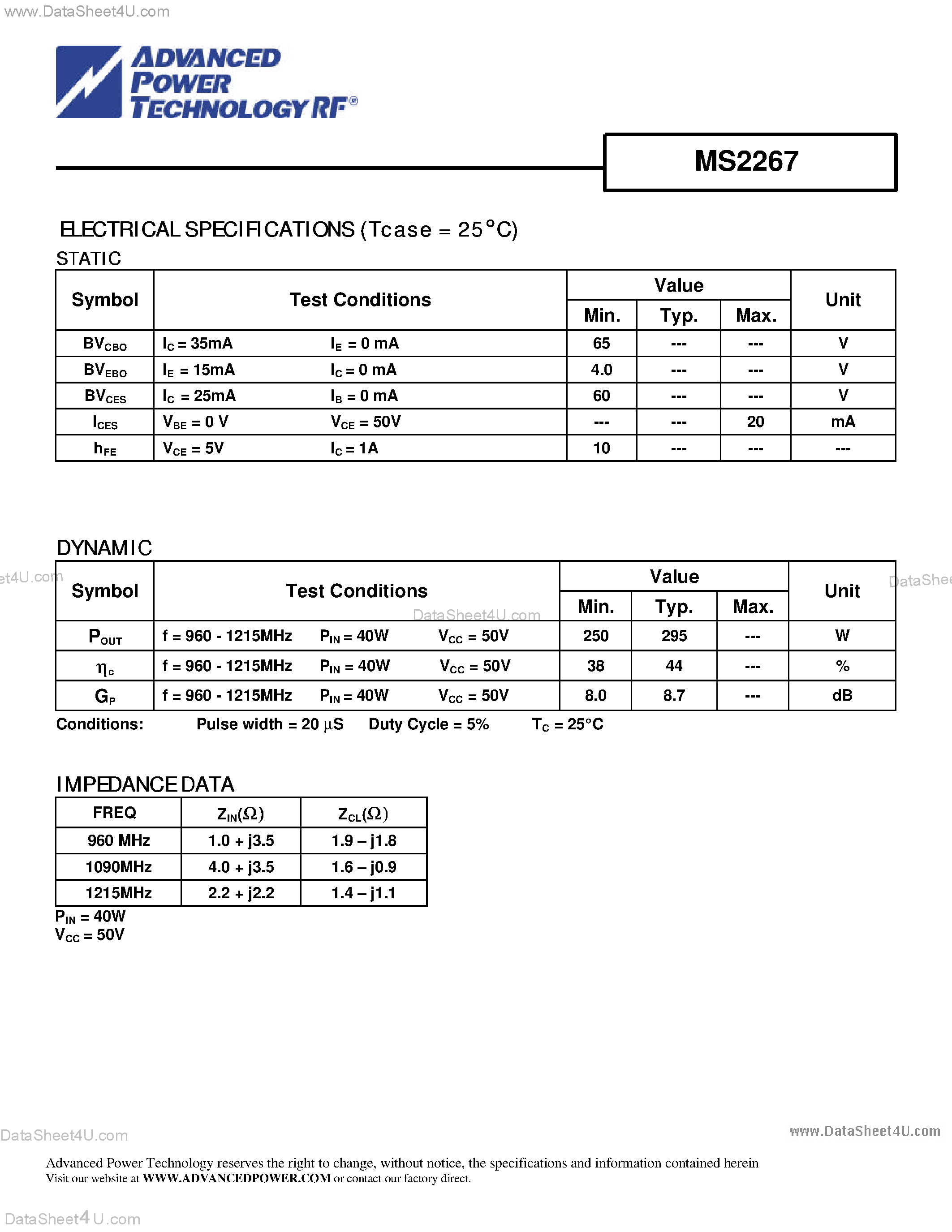 Datasheet MS2267 page 2 Datasheet MS2267 - RF & MICROWAVE TRANSISTORS AVIONICS APPLICATIONS page 2