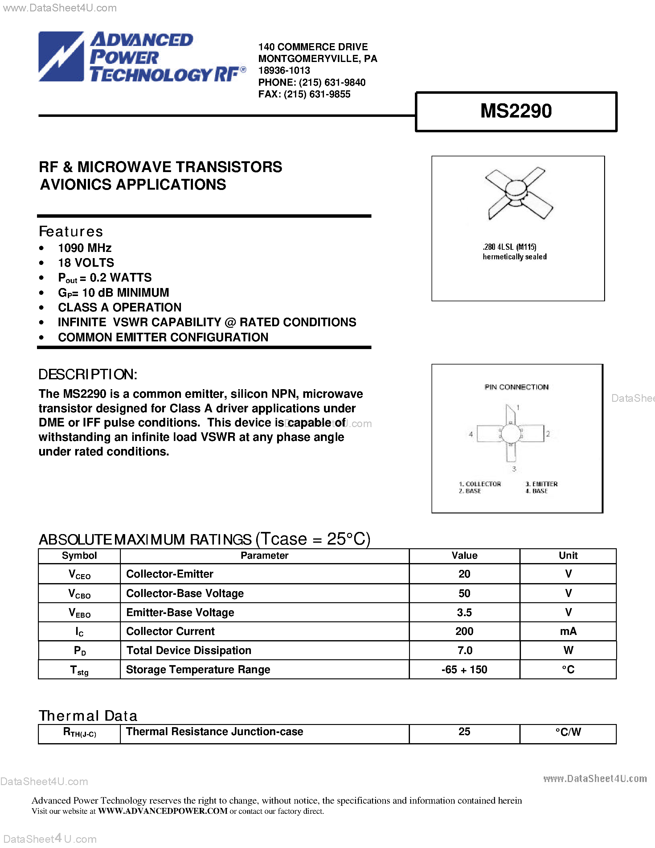 Datasheet MS2290 - RF & MICROWAVE TRANSISTORS AVIONICS APPLICATIONS page 1