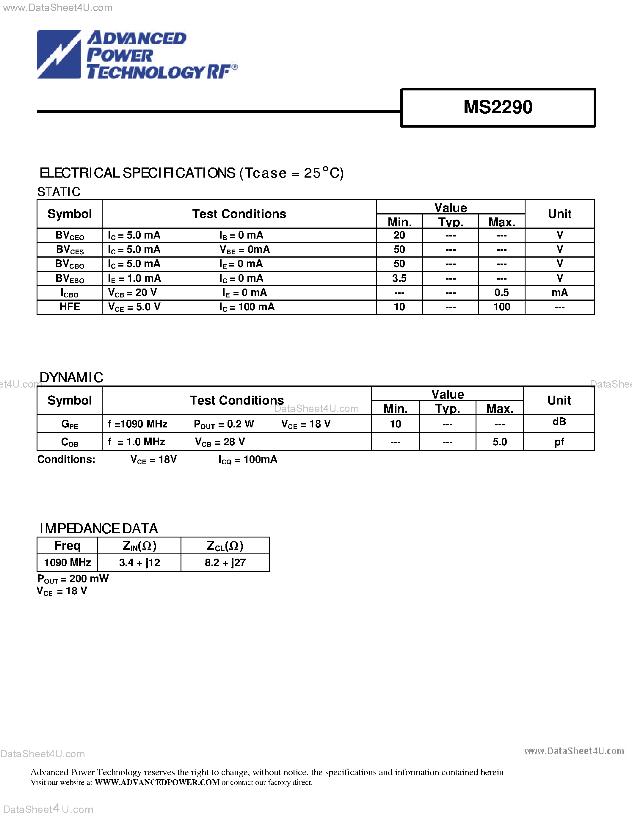 Datasheet MS2290 - RF & MICROWAVE TRANSISTORS AVIONICS APPLICATIONS page 2