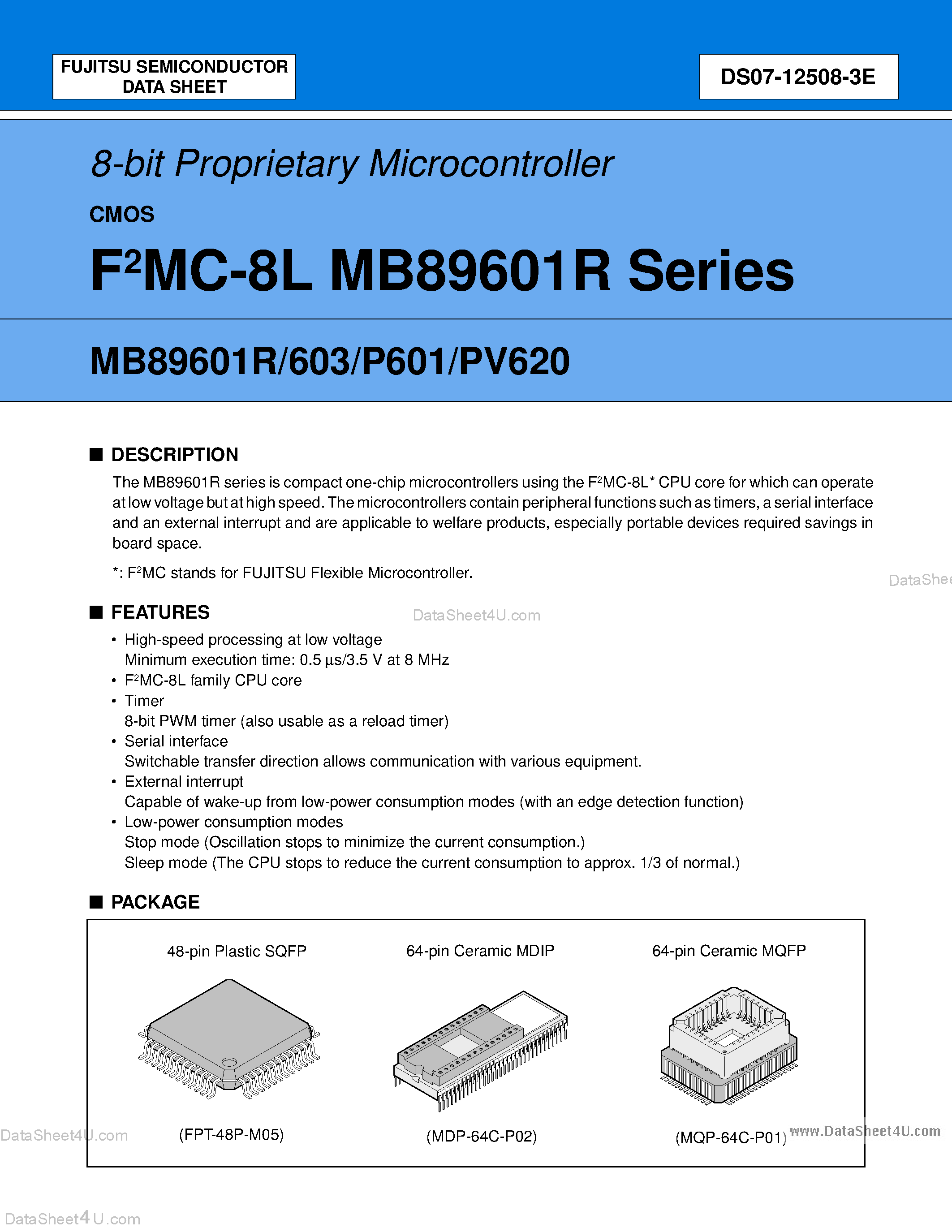 Datasheet MB89601R - (MB89601R Series) 8-bit Proprietary Microcontroller page 1