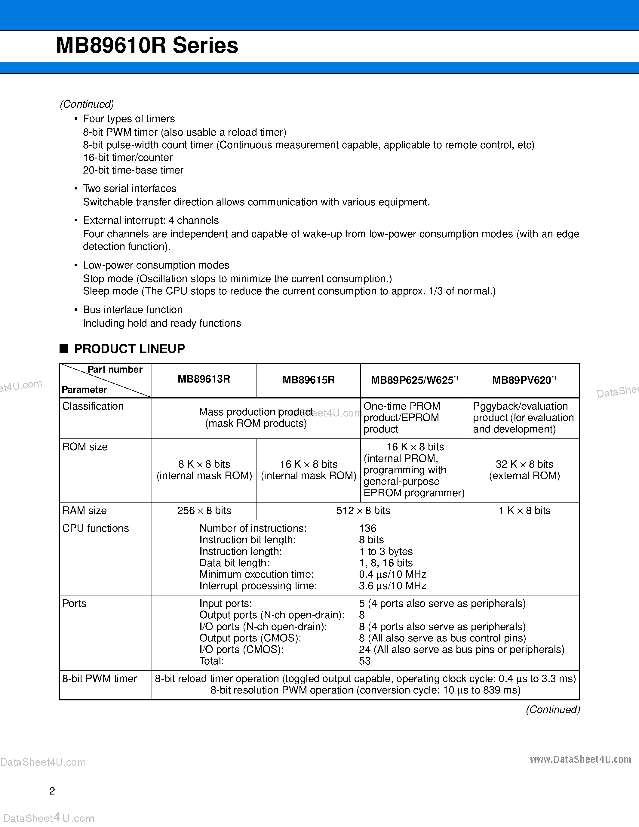 Datasheet MB89613R page 2 Datasheet MB89613R - (MB89610R Series) 8-bit Proprietary Microcontroller page 2