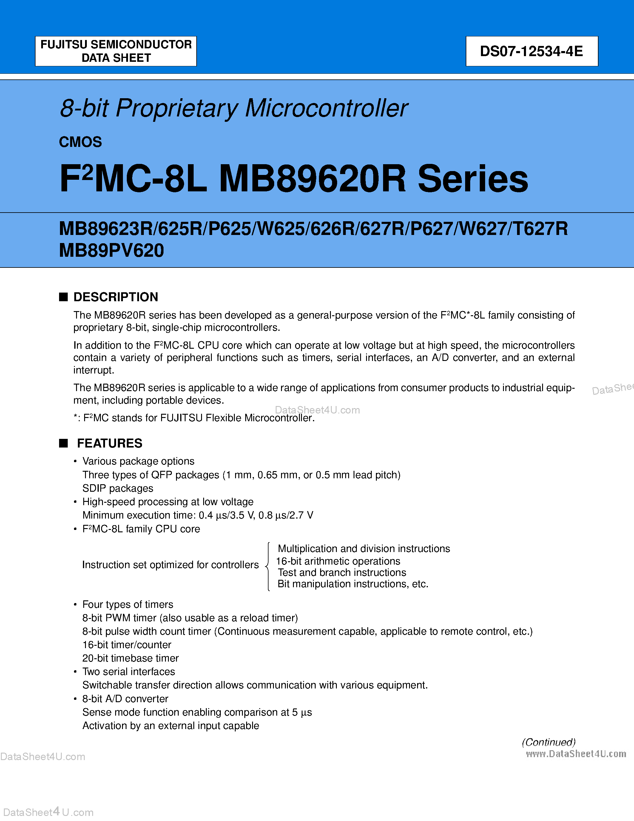Datasheet MB89623R - (MB89620R Series) 8-bit Proprietary Microcontroller page 1