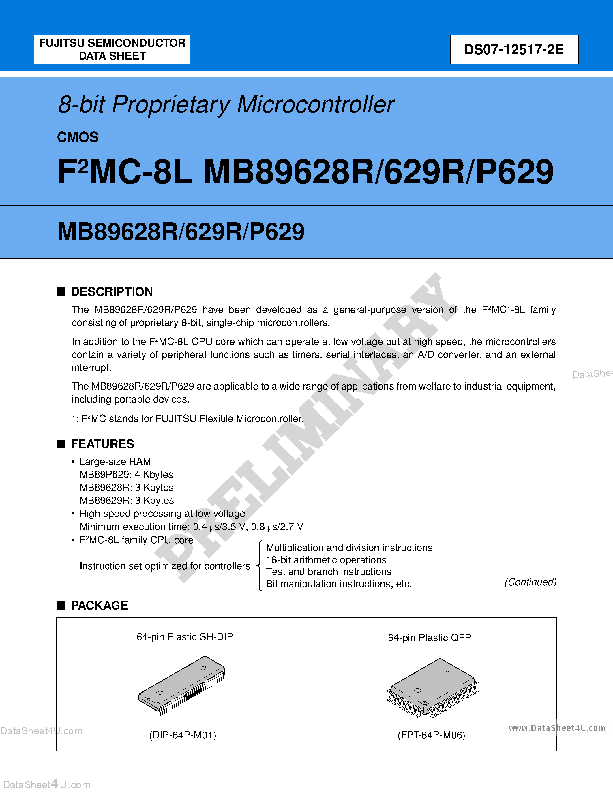 Datasheet MB89628R - (MB89628R/629R/P629) 8-bit Proprietary Microcontroller page 1