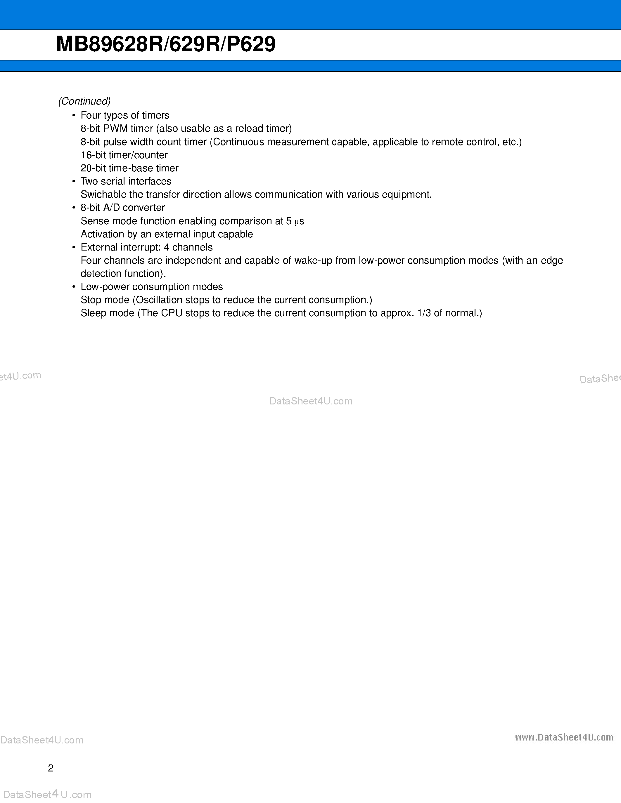 Datasheet MB89628R - (MB89628R/629R/P629) 8-bit Proprietary Microcontroller page 2