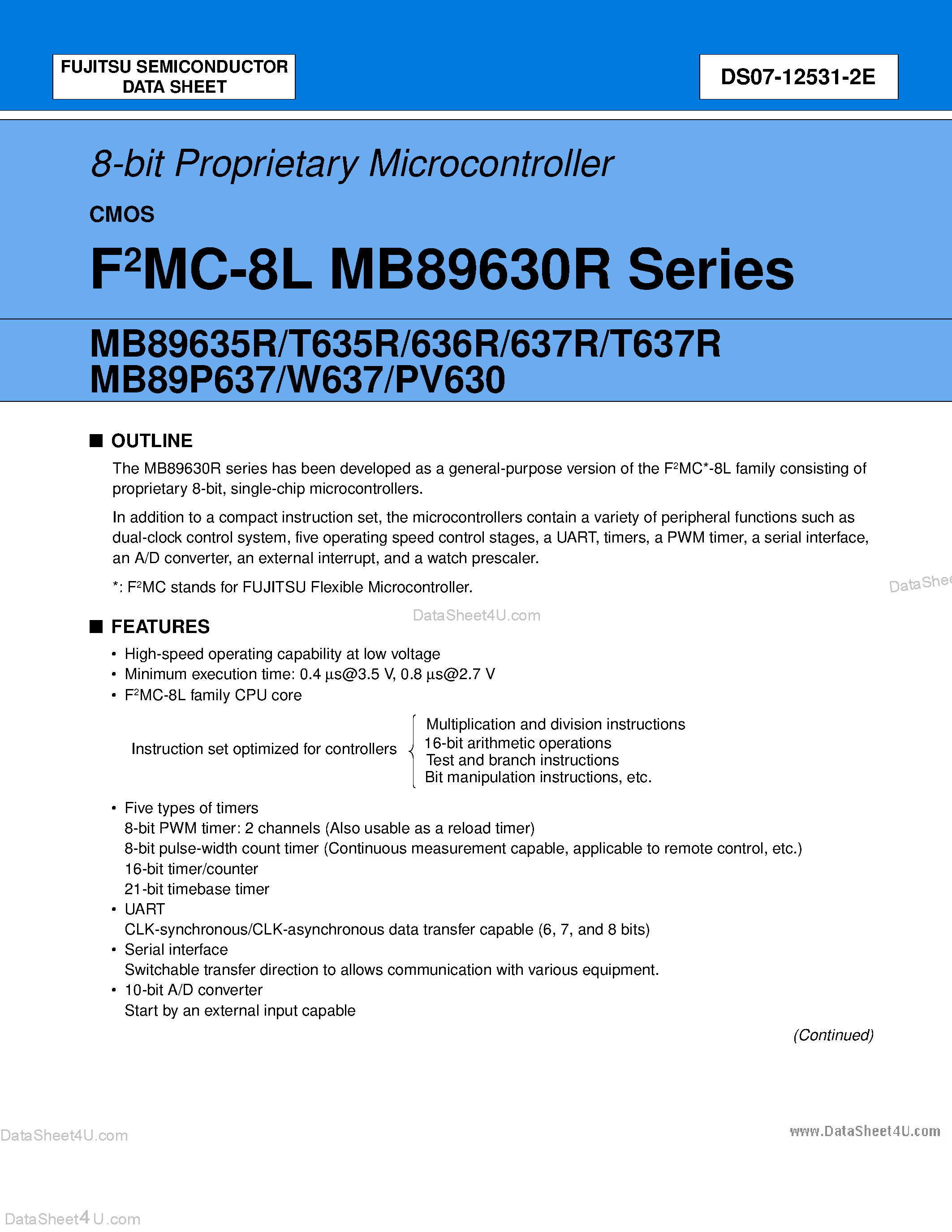 Datasheet MB89630R page 1 Datasheet MB89630R - (MB89630R Series) 8-bit Proprietary Microcontroller page 1