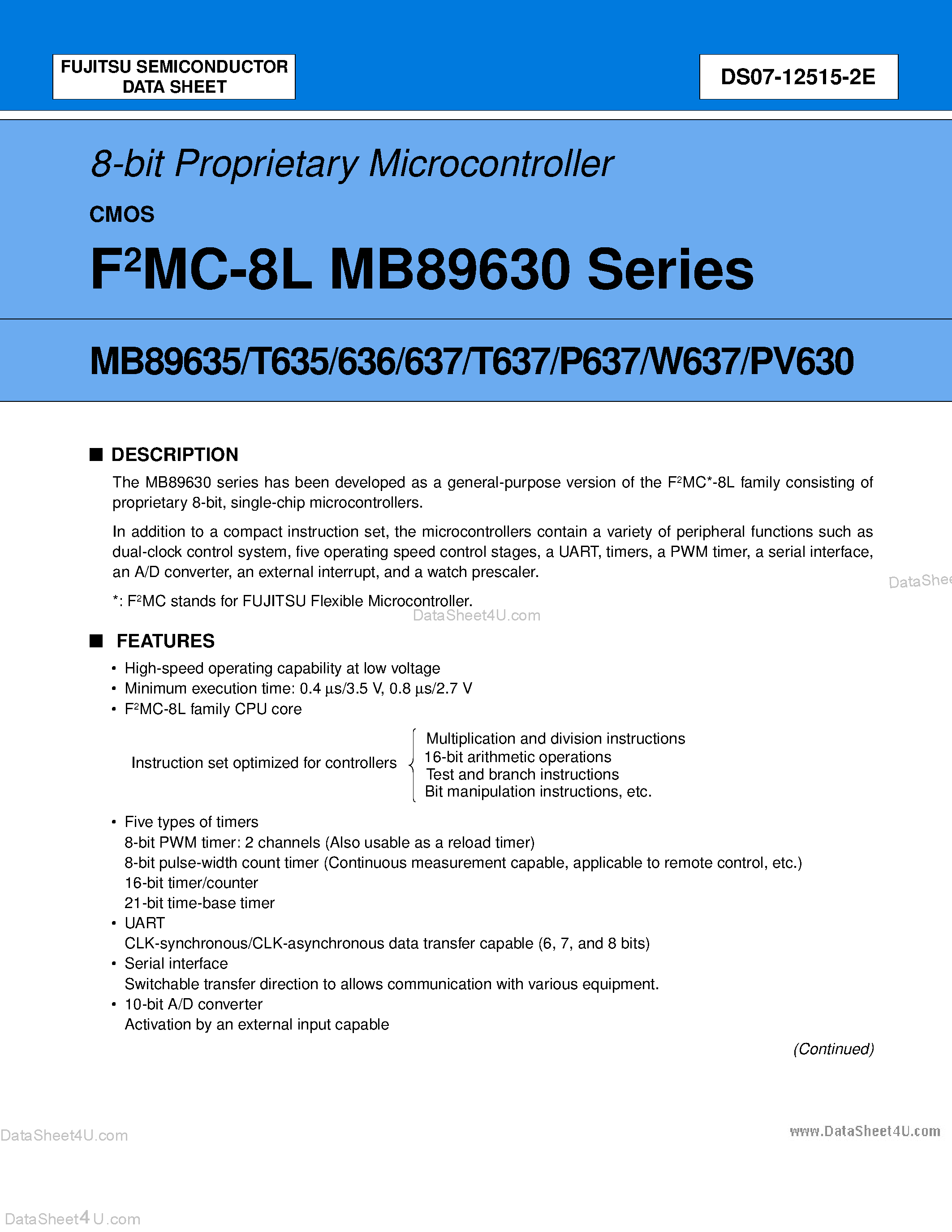 Datasheet MB89635 - (MB89630 Series) 8-bit Proprietary Microcontroller page 1