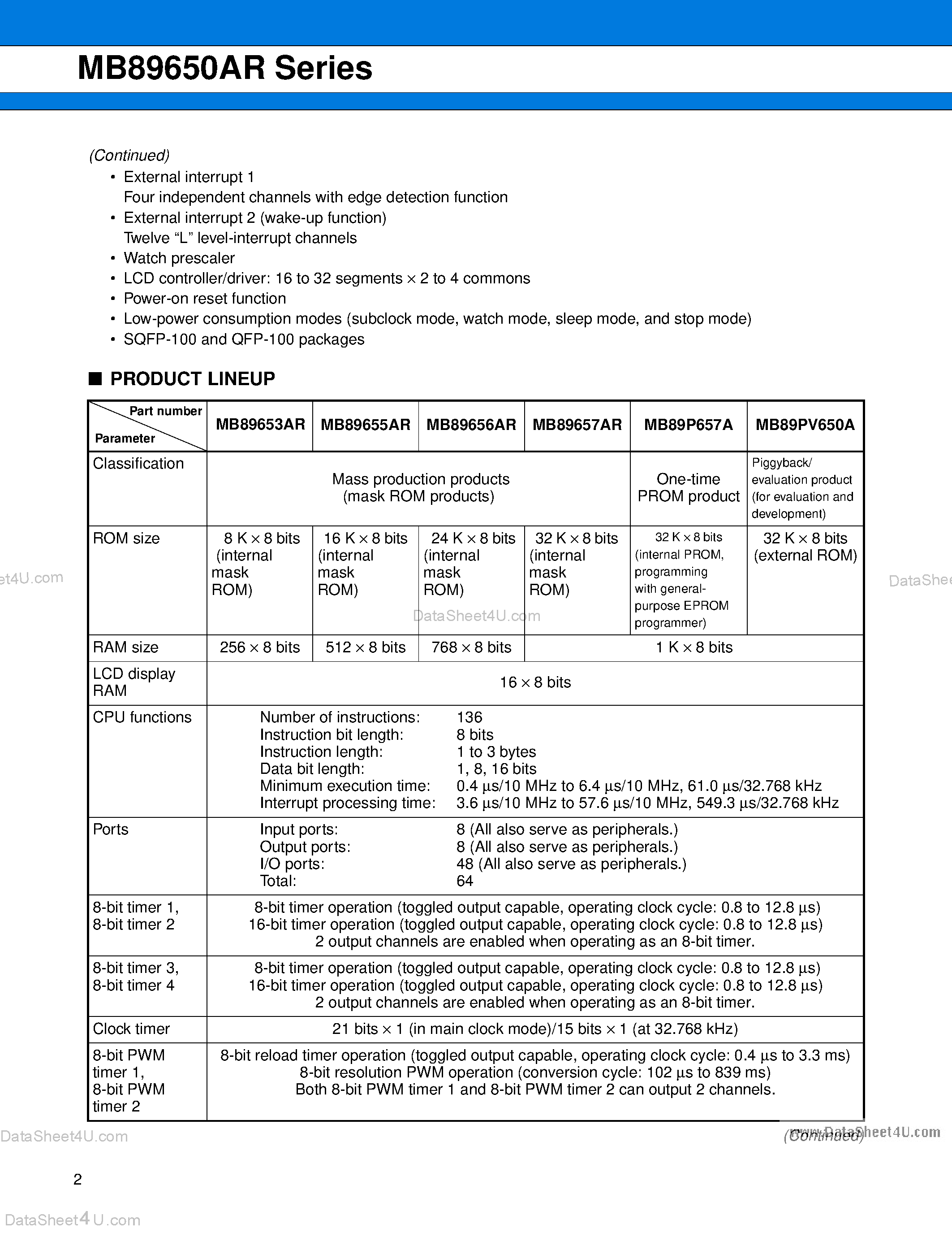 Datasheet MB89653AR - (MB89650AR Series) 8-bit Proprietary Microcontroller page 2