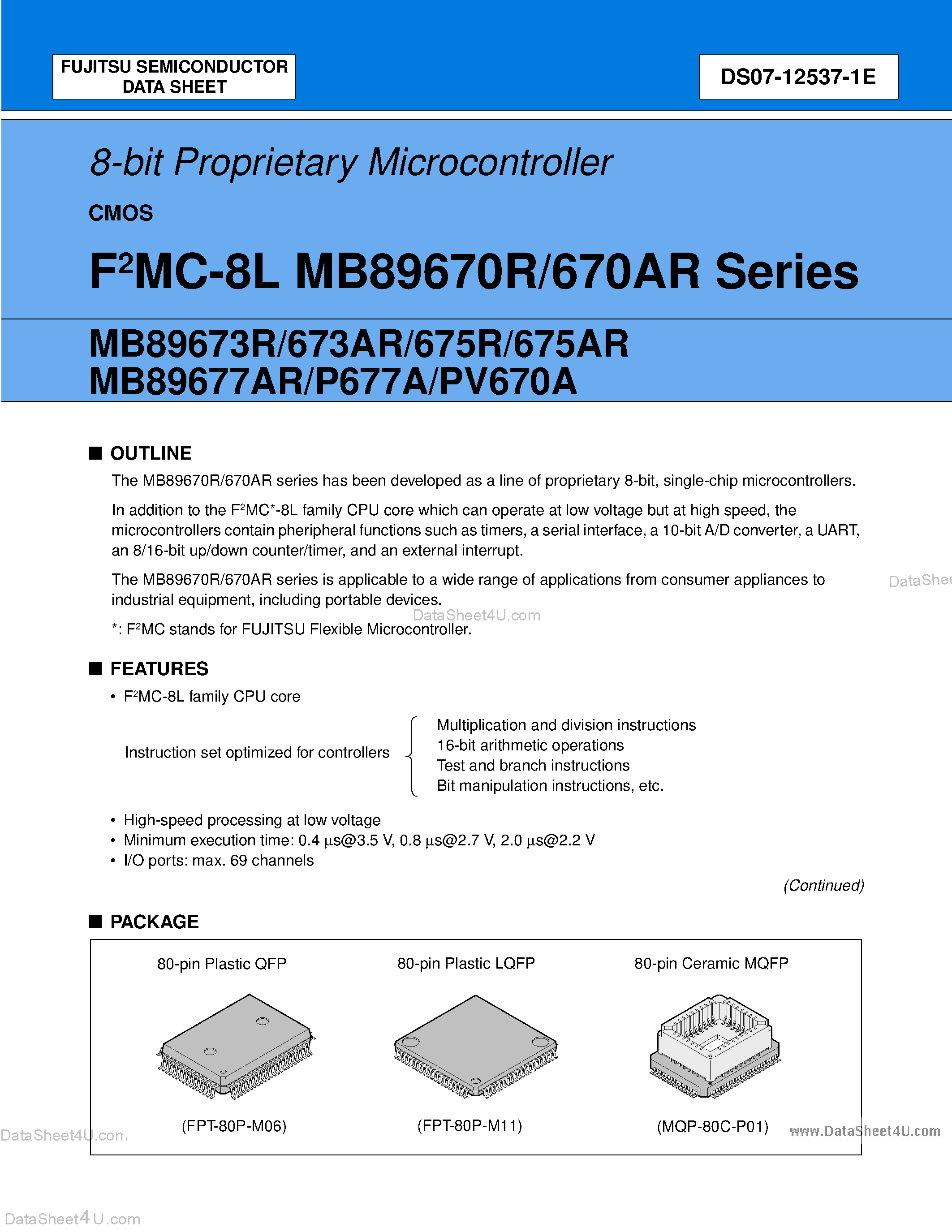 Datasheet MB89673AR - (MB89670R/670AR Series) 8-bit Proprietary Microcontroller page 1