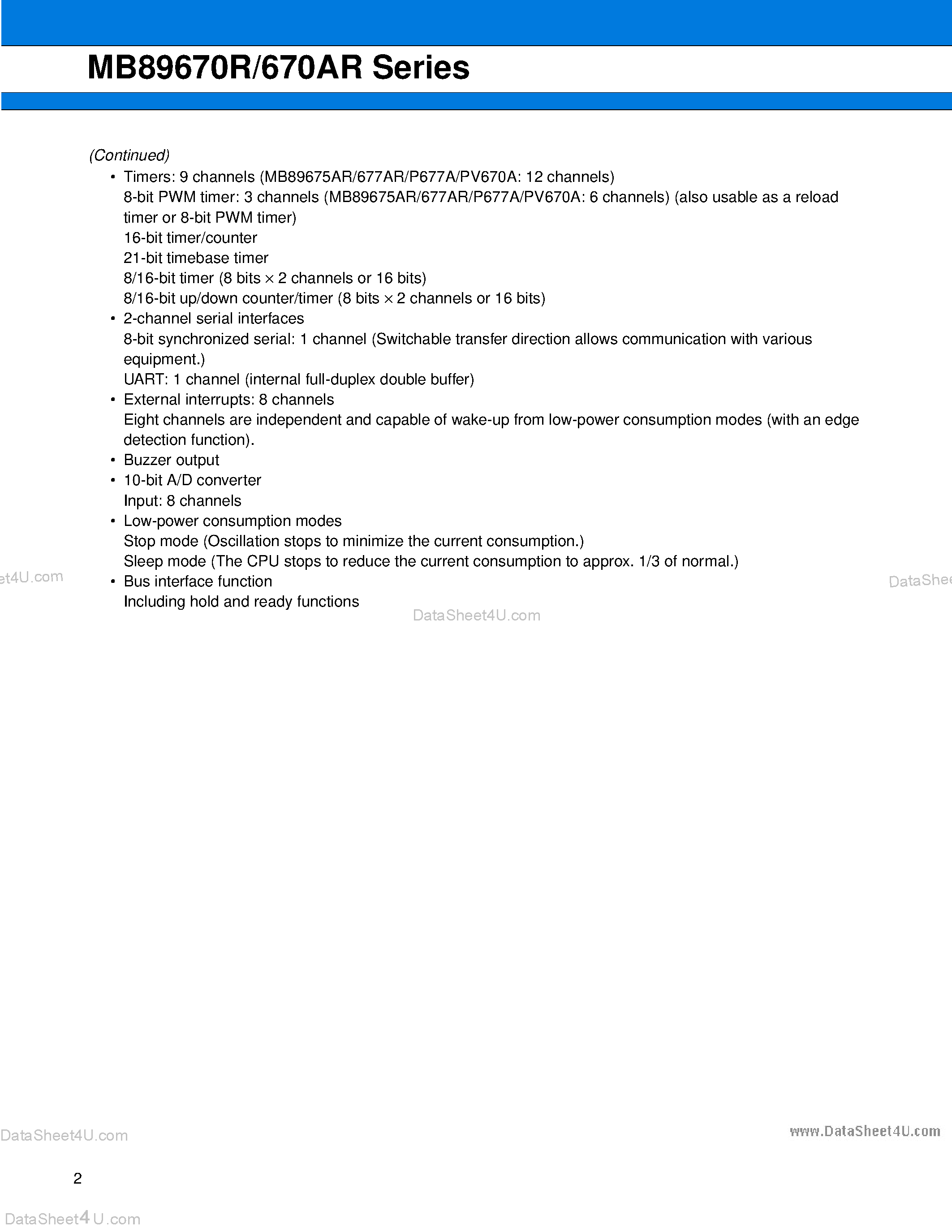 Datasheet MB89673AR - (MB89670R/670AR Series) 8-bit Proprietary Microcontroller page 2