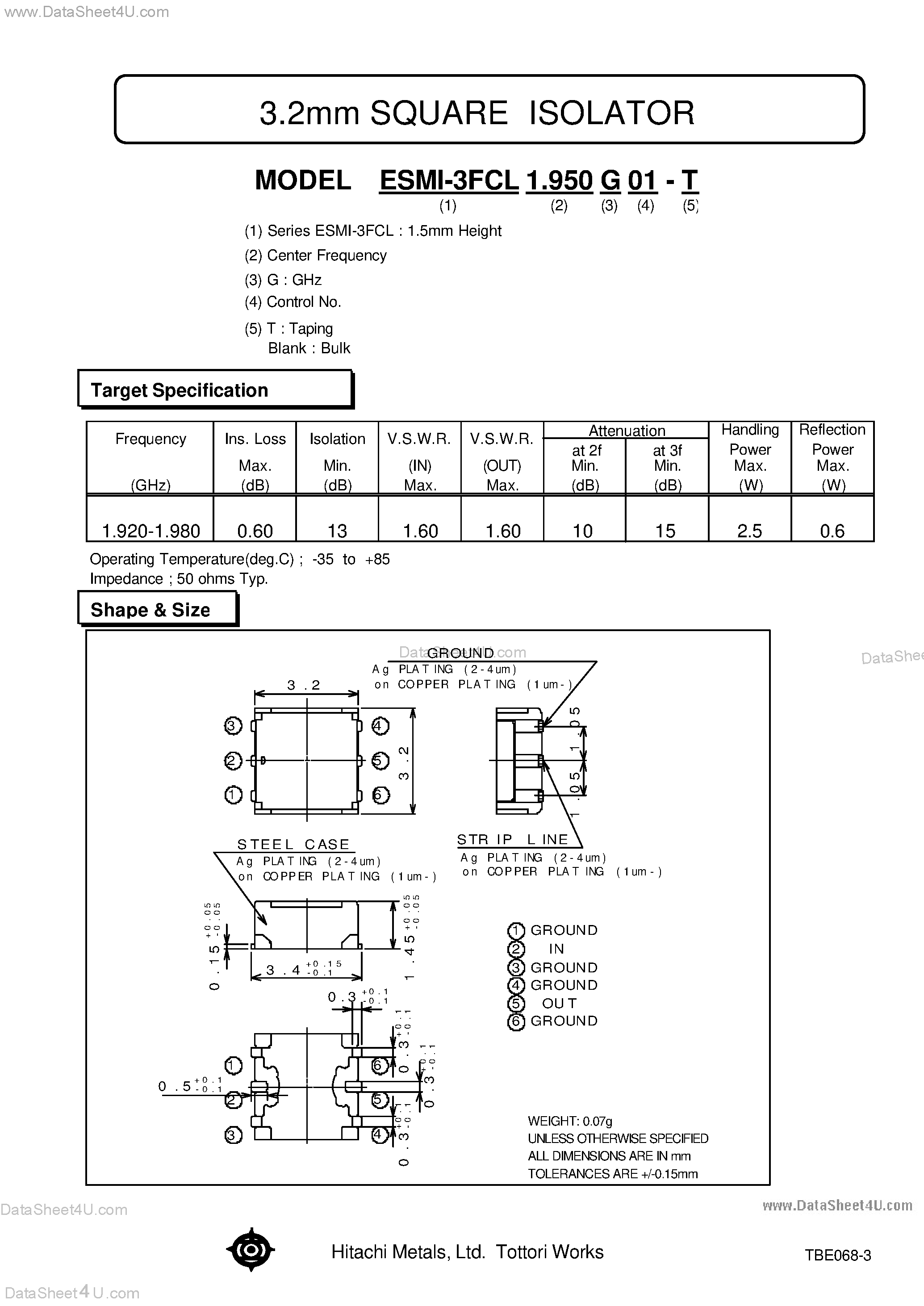 Даташит ESMI-3FCL1.950 - 3.2mm SQUARE ISOLATOR страница 1
