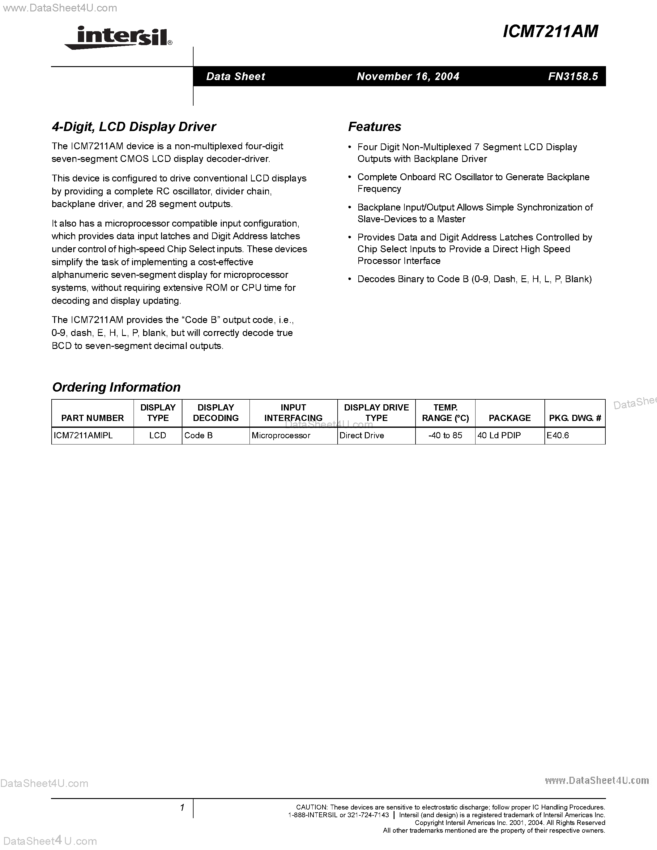Даташит ICM7211AM - 4-Digit LCD Display Driver страница 1