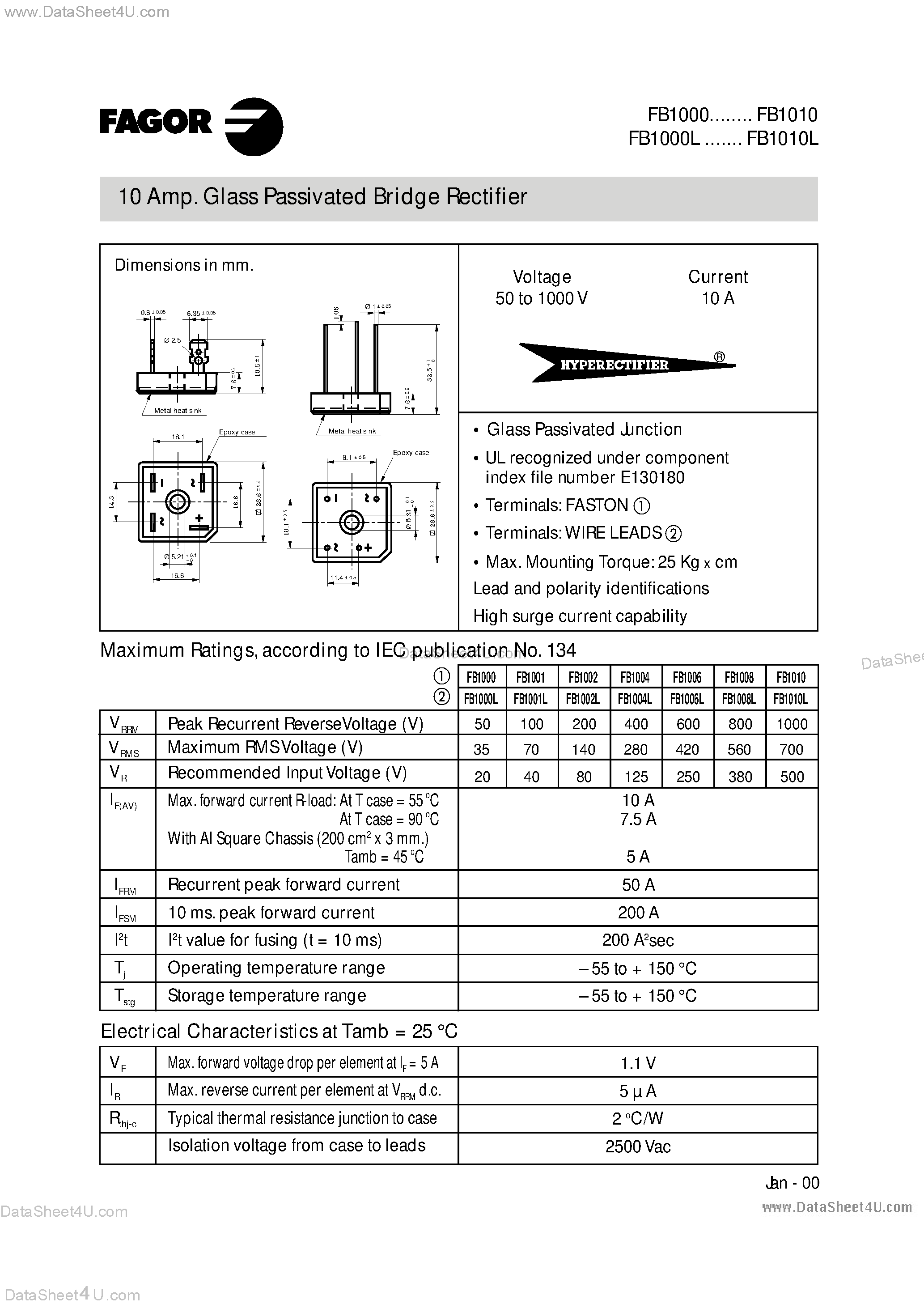 Datasheet FB1000 page 1 Datasheet FB1000 - (FB1000x - FB1010x) Glass Passivated Bridge Rectifier page 1